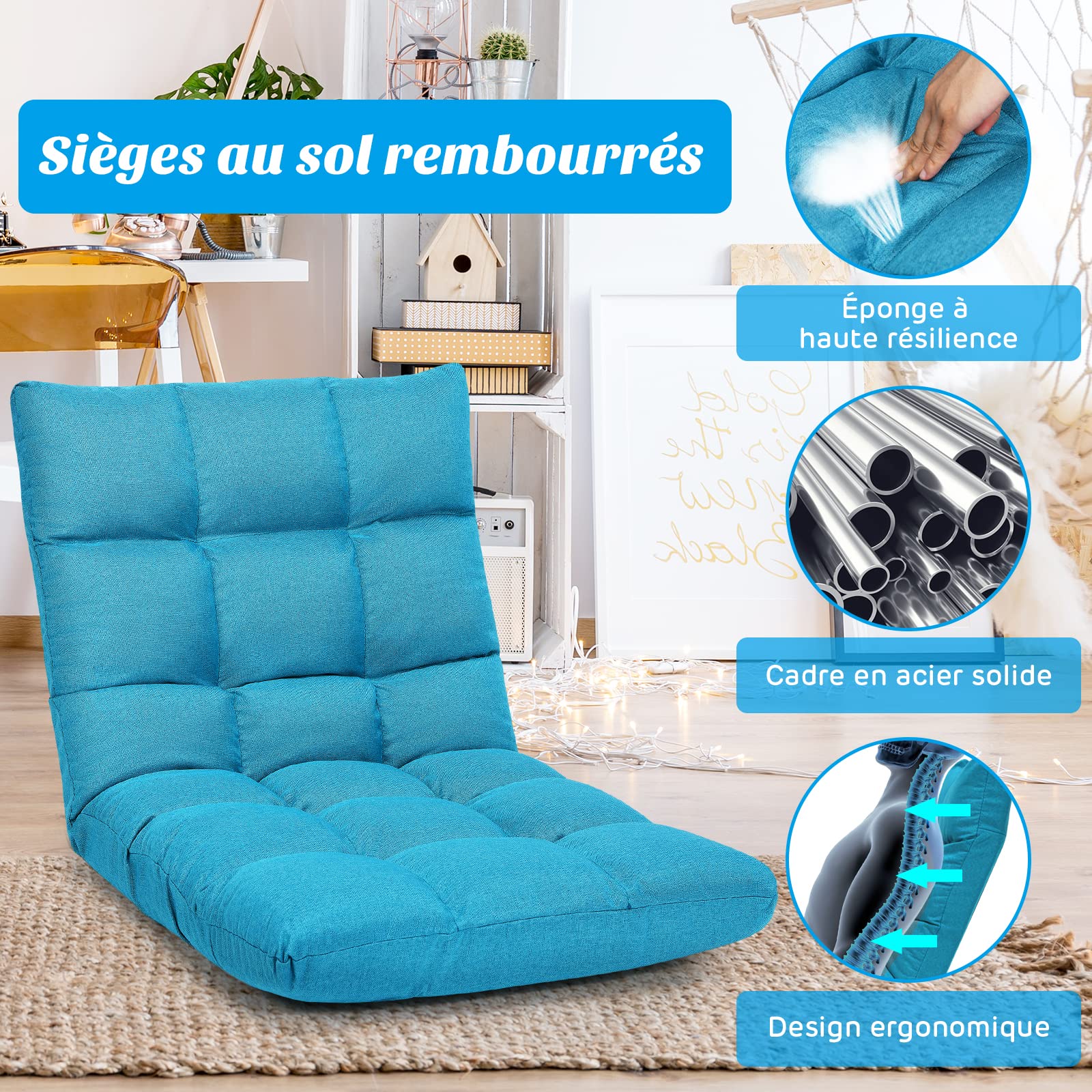 COSTWAY Chaise de Sol pour Méditation - 14 Positions Réglable Cadre en Acier Robuste Tissu en Coton et Lin Respirant,Housse Amovible et Lavable Idéal pour Salon et Salle d'étude (Bleu Poan)