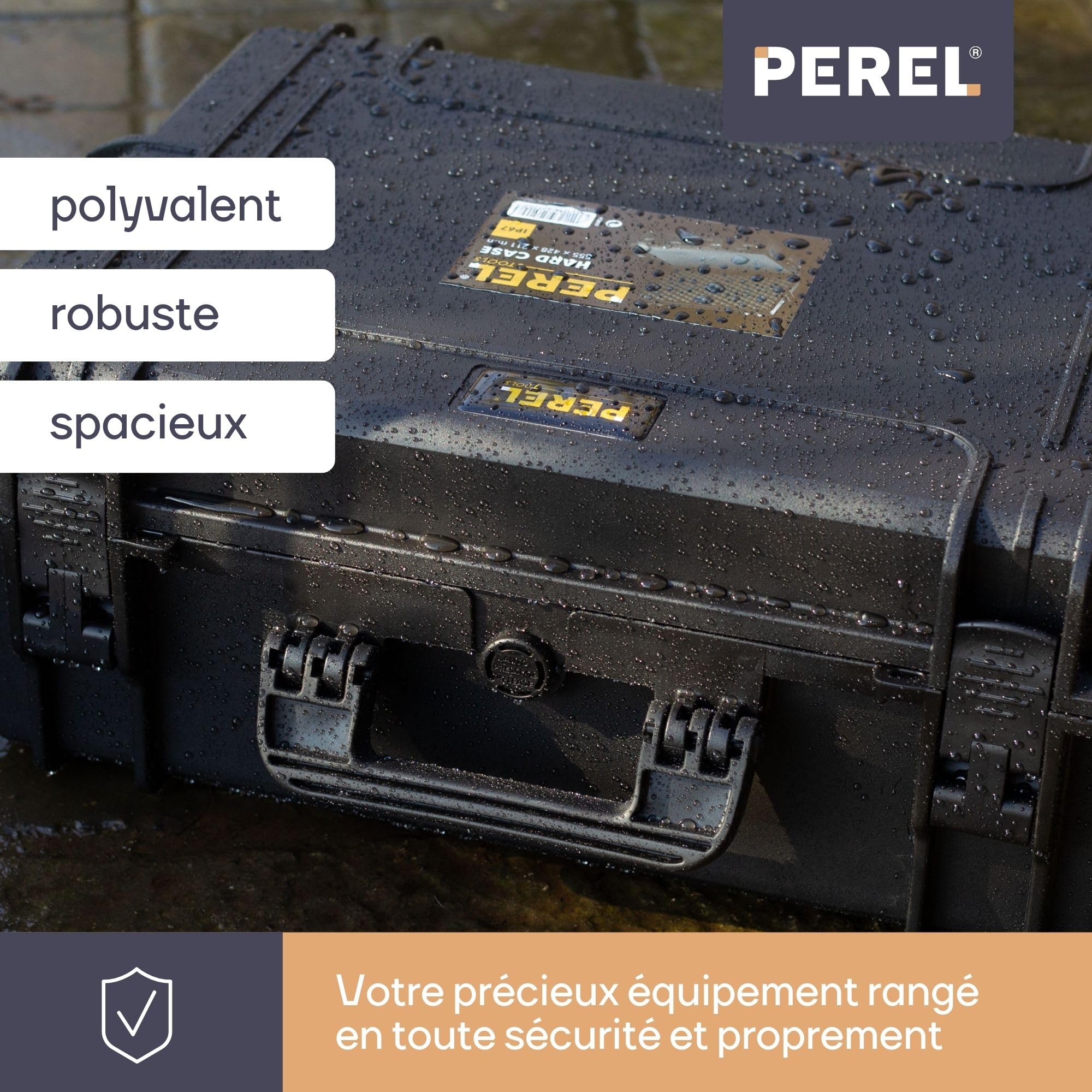 Perel Valise de protection étanche IP67 464 x 366 x 176 mm, avec mousse prédécoupée et mousse alvéolée, mallette hermétique pour outils, électronique, caméra et instruments de mesure