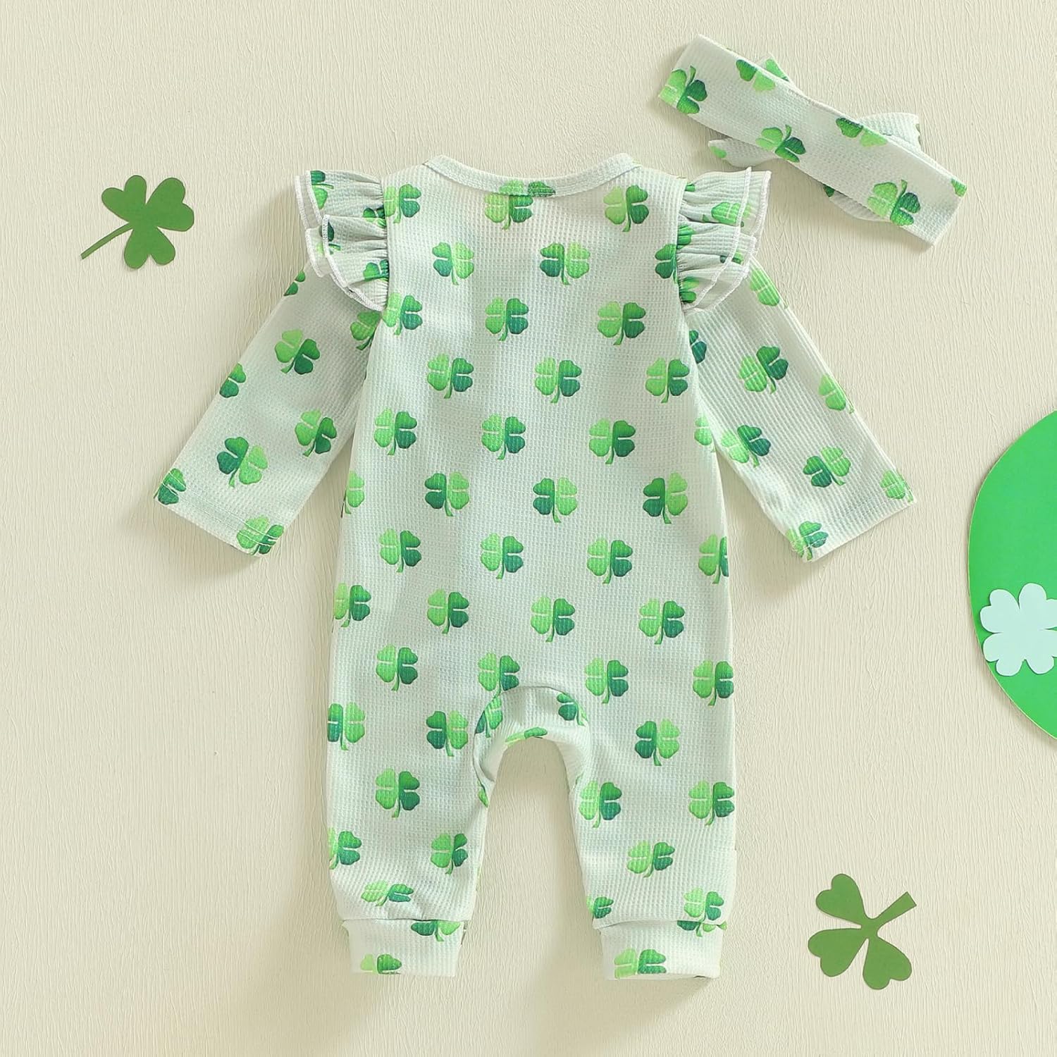Lamuusaa Newborn Baby Girl St Patricks Day Outfit Ruffle Four Leaf Clover Romper Waffle Zipper Jumpsuit Headband - Image 7