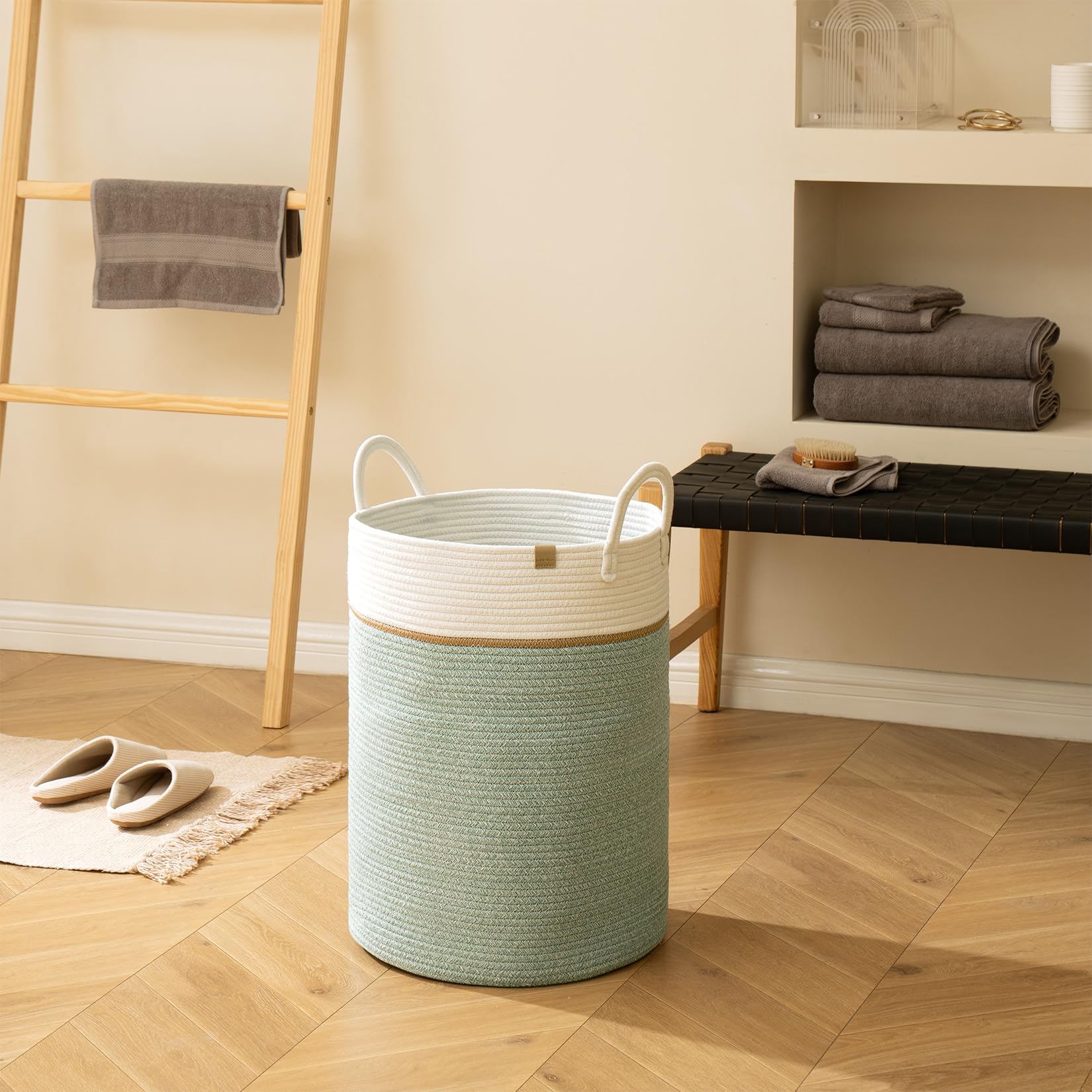 LA JOLIE MUSE Panier de rangement en corde tissée – Grand panier à linge en coton pour couverture, jouets d'enfants, vêtements de chambre d'enfant, vert lierre – 72 litres – XL