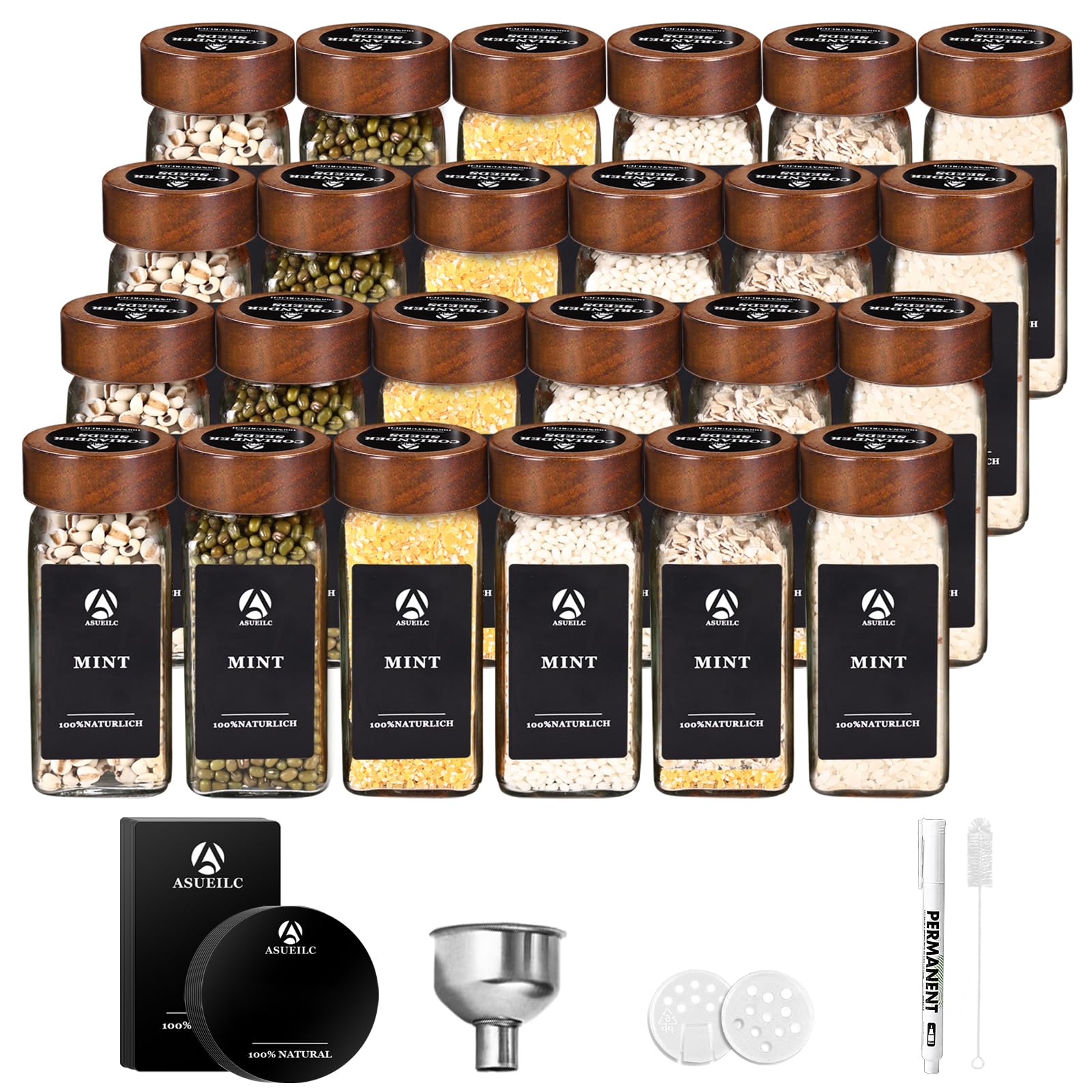 DSUID Square Spice Containers: 24 x 120ml Glass Spice Jars, Spice Storage Jars with Acacia Wood Lids. Includes Pre-Printed Labels, a Funnel, a Marker Pen and a Cleaning Brush.