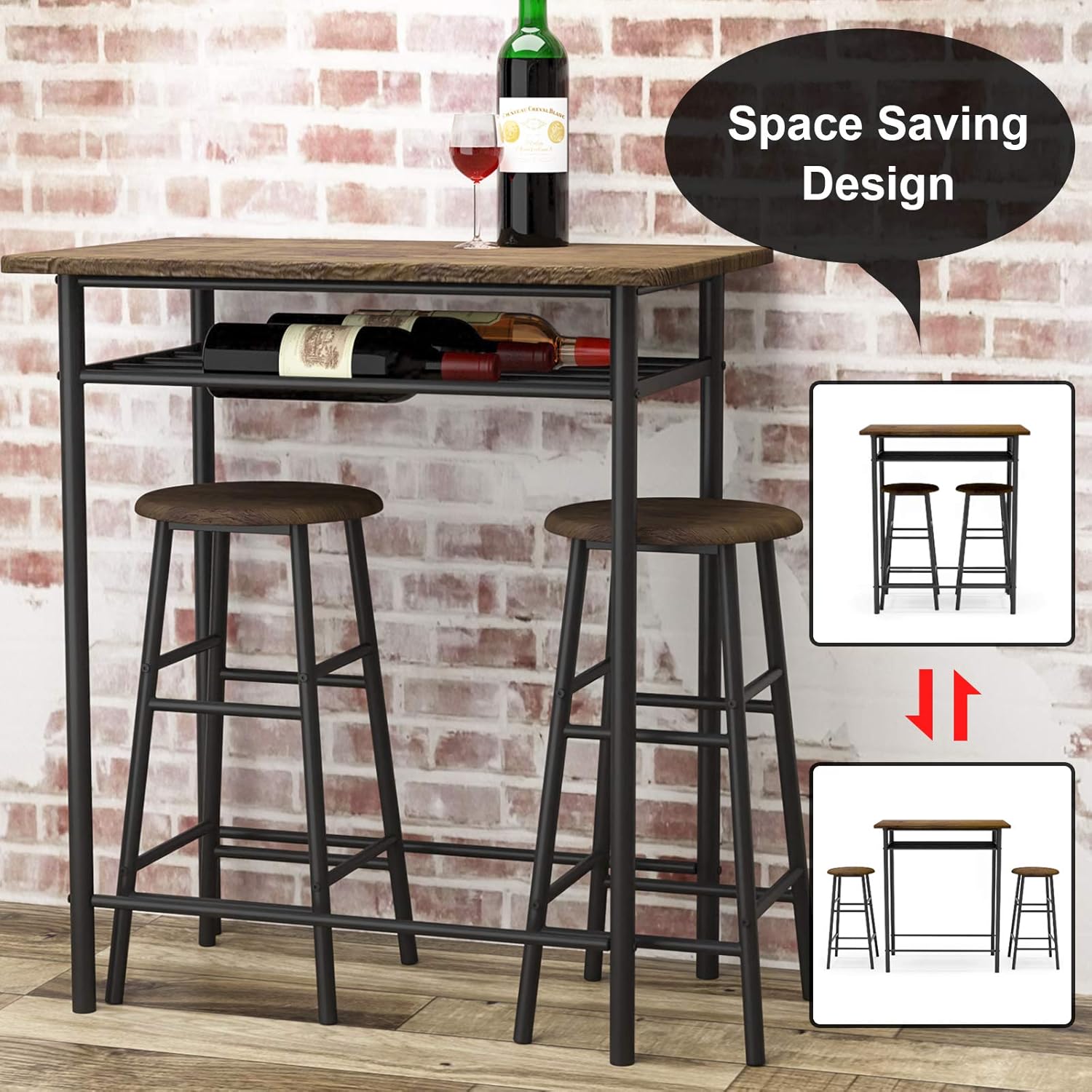 Weehom 3 Pieces Bar Table Set, Modern Pub Table and Chairs Dining Set, Kitchen Counter Height Dining Table Set with 2 Bar Stools, Built in Storage Layer, Easy Assemble, Brown - Table & Chair Sets