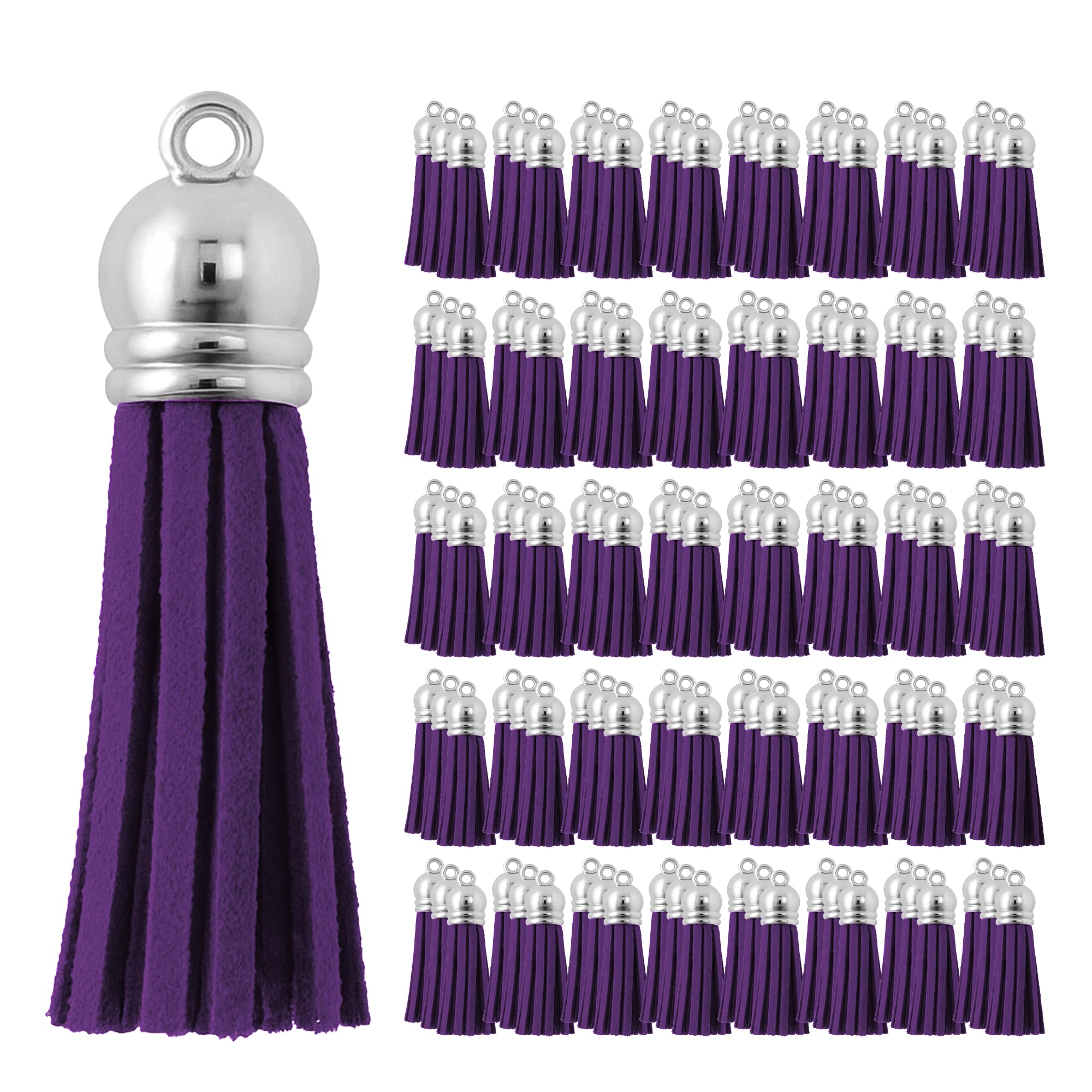Mandala Crafts 100 Pcs Silver Cap Purple Faux Suede Tassels Bulk Keychain Making Supplies - Small Leather Tassels for Charms, Jewelry Making, and DIY Crafts