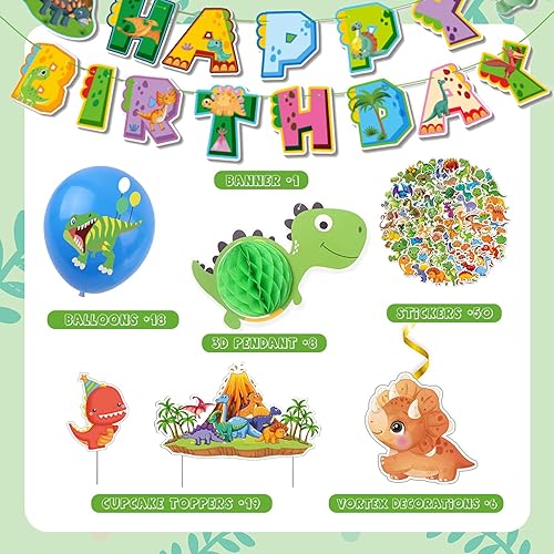 Miniatura 2 de Decoraciones de dinosaurios para fiesta de cumpleaños, 102 unidades, incluye globos, calcomanías, vórtice, pancarta, decoración de cupcakes y