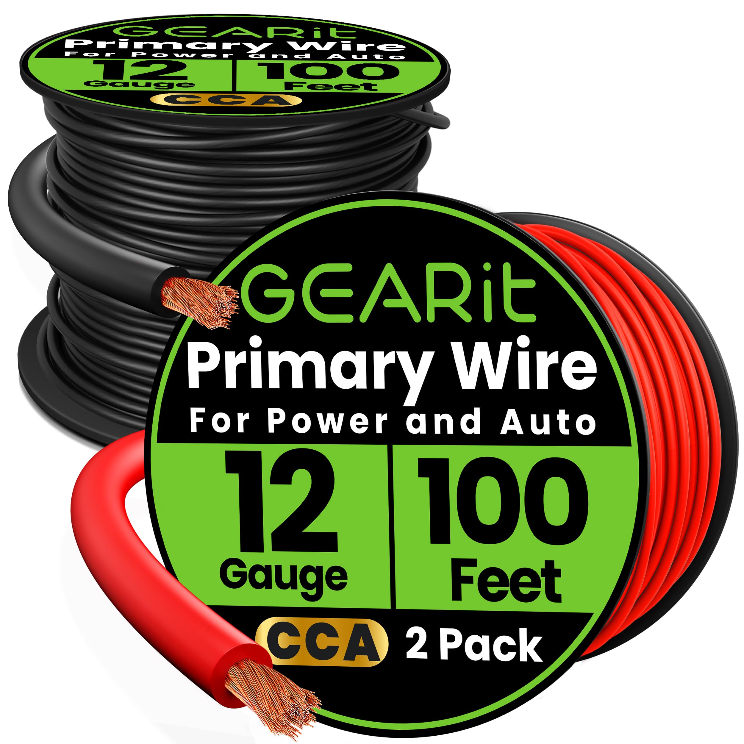 GEARit 12 Gauge Wire (100ft Each - Black/Red) Copper Clad Aluminum CCA - Primary Automotive Power/Ground for Battery Cable, Car Audio, Trailer Harness, Electrical - 200 Feet Total 12ga AWG Wire