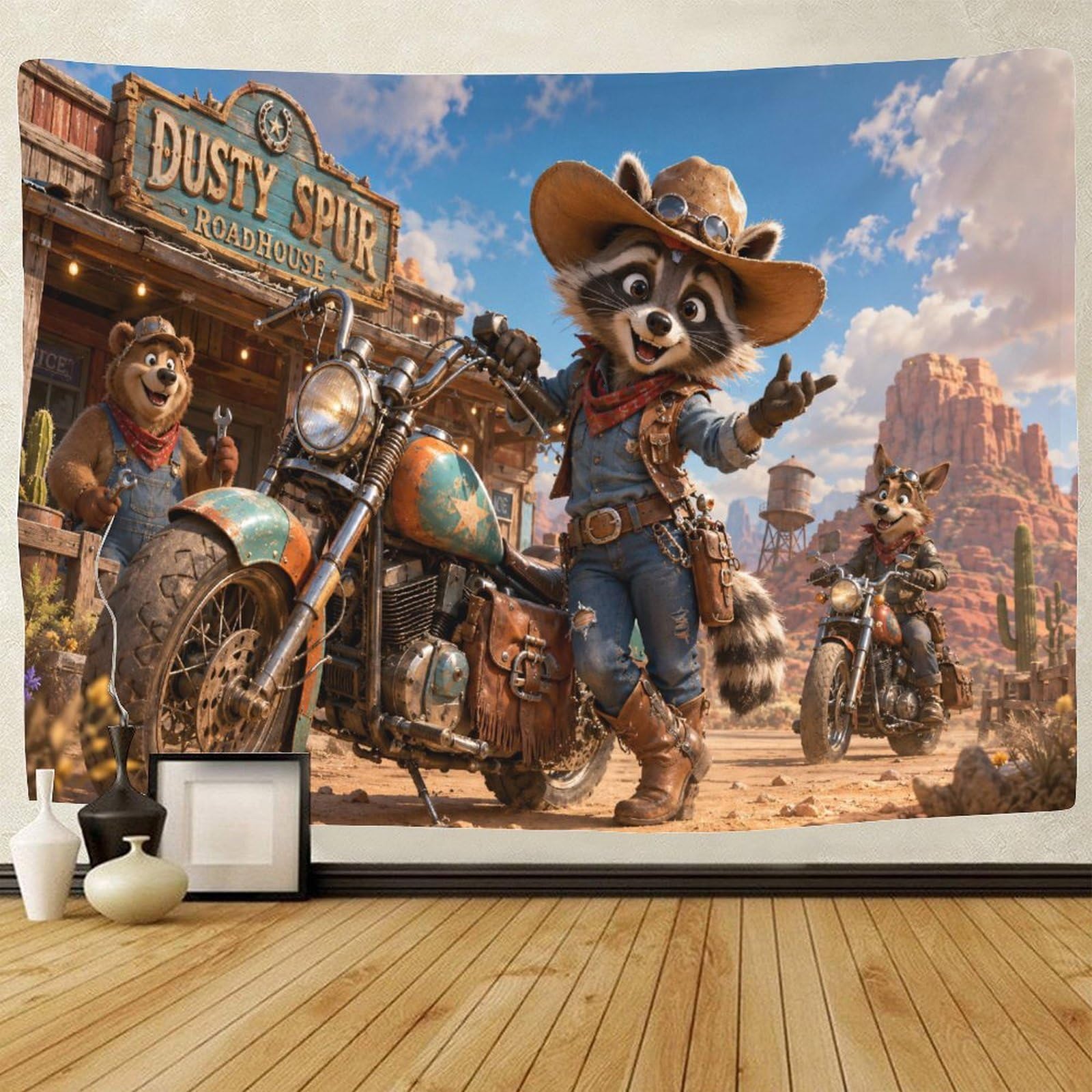 GPMNBCXZK Western Raccoon Cowboy 3D Print Tapestry for Bedroom Wall Art Decor Tapestries Home Decoration Curtain Living Room College Dorm 150cmx200cm