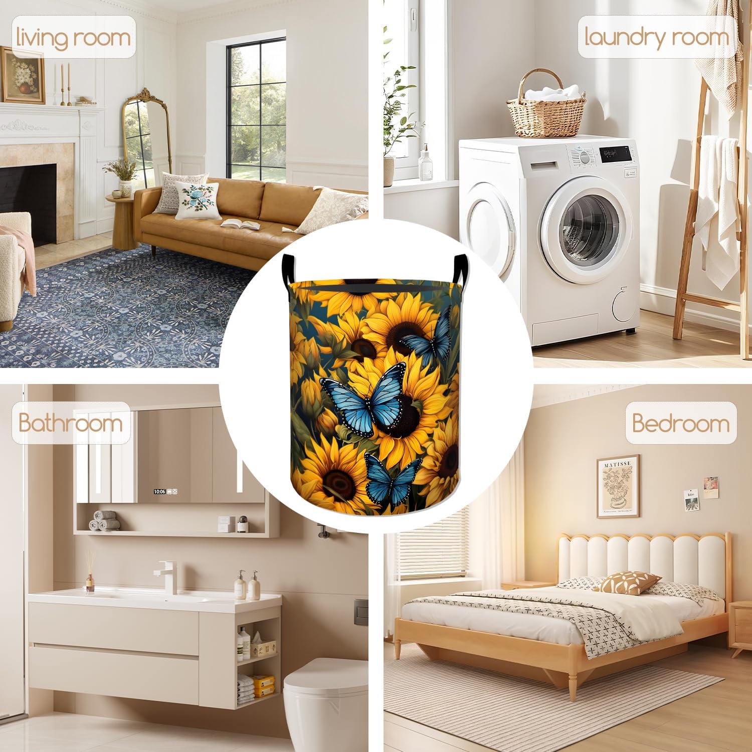 Sunflower Laundry Basket, Blue Butterfly Design Foldable Oxford Cloth, Waterproof Dirty Clothes Hamper with Handles, Clothing Storage Bucket Toy Organizer for Bathroom Bedroom Dorm, 19.7"x15.7"