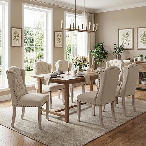 DUOMAY Juego de 6 sillas de comedor modernas capitoné, sillas de comedor tapizadas de lino sin brazos, sillas laterales de invitados para cocina y