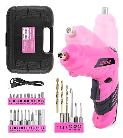 DIFFLIFE Cordless Drill 3.6V Power Drill Set with Pink Electric Drill with Tool Set Gift Box, Pink Drill Set for Women