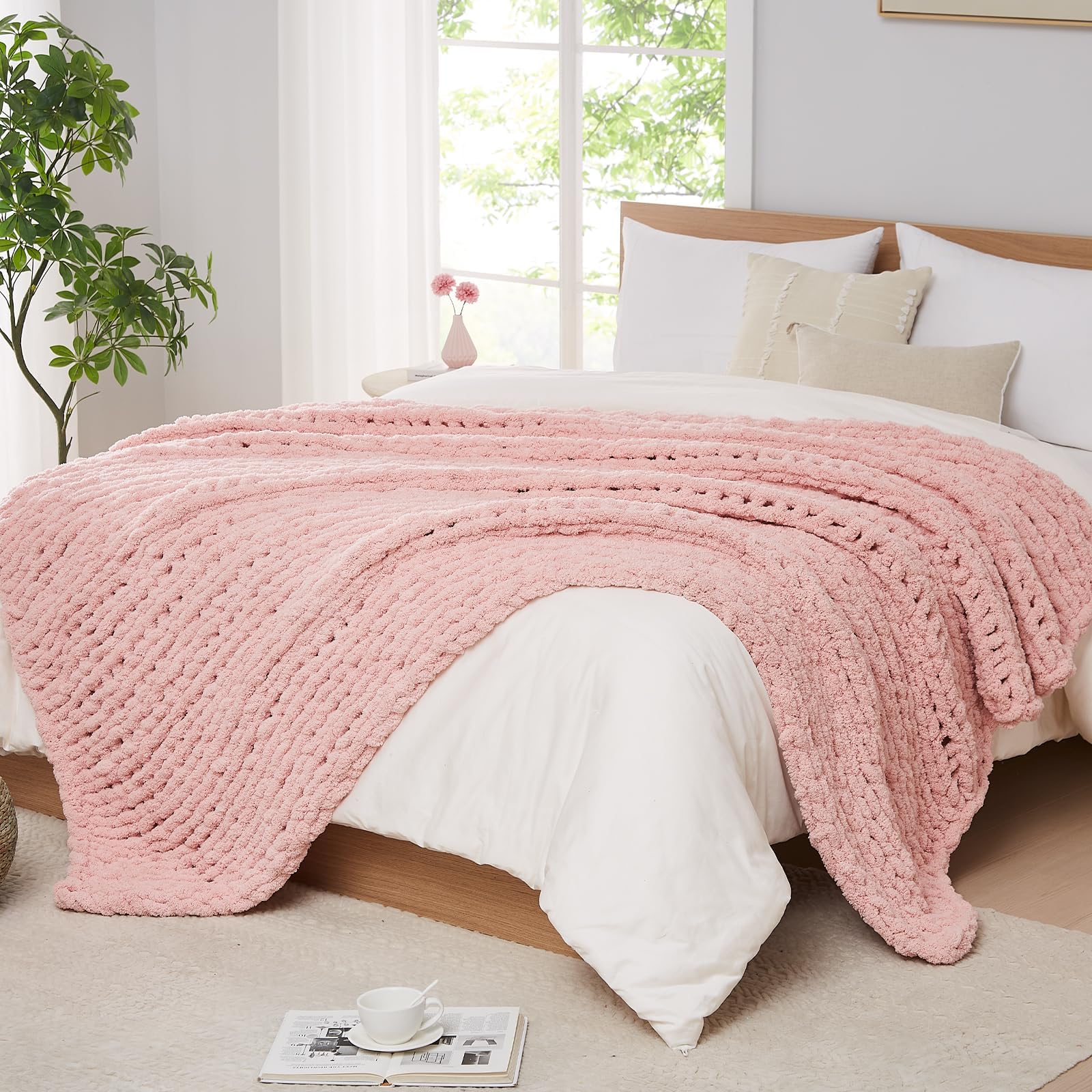 L'AGRATY Chunky-Strickdecke Rosa (150x200 cm), Weiche Chenille-Garn Wurfdecke, Handgemachte Zopfstrick-Decke, Kuschelige Häkeldecke für Sofa, Bett & Wohnkultur