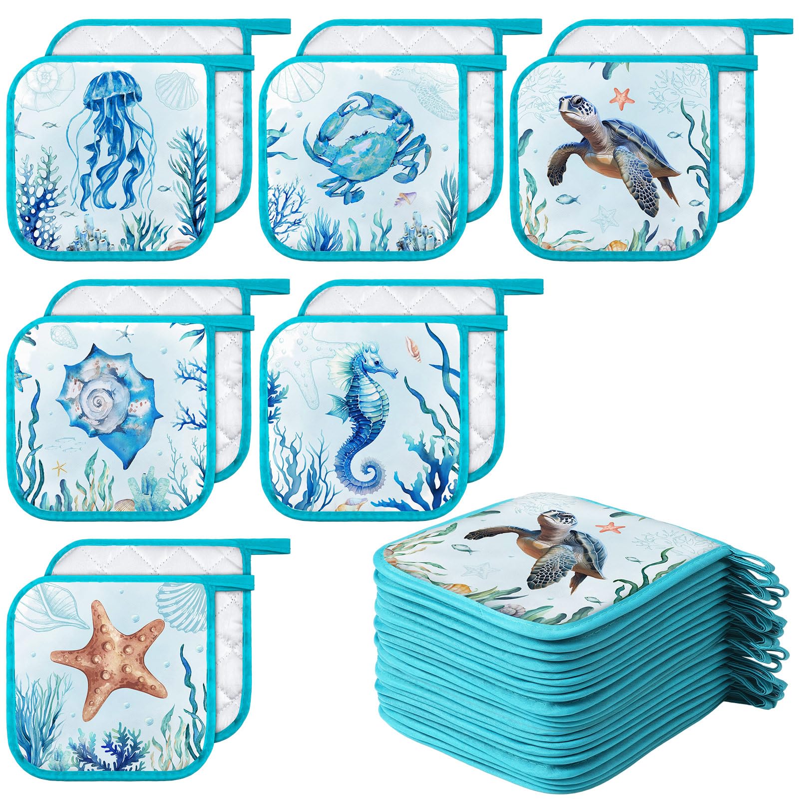 Bencailor 12 Pcs Pot Holders with Pocket Kitchen Hot Potholders Hot Pad Oven Mitts Cookie Bag Oven Gloves for Kitchen Gift Baking Cooking(Marine Animal)