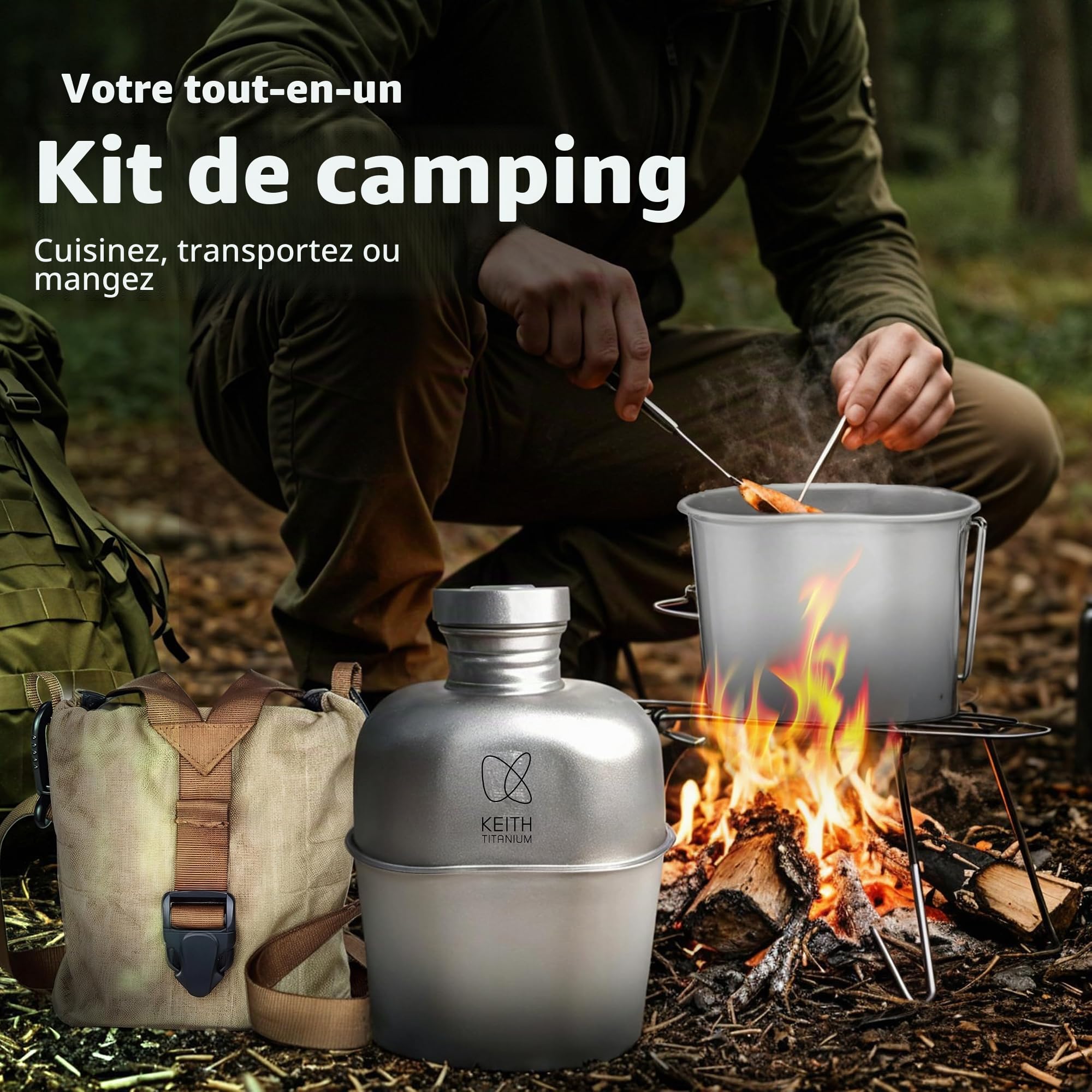 Keith Titanium Cantine Militaire avec Sac Camouflage, Ti3060, Durable, Bouteille 1100 ml + Tasse 700 ml avec Couvercle et Poignées Pliables, Parfait pour Randonnée, Camping et Activités en Plein Air