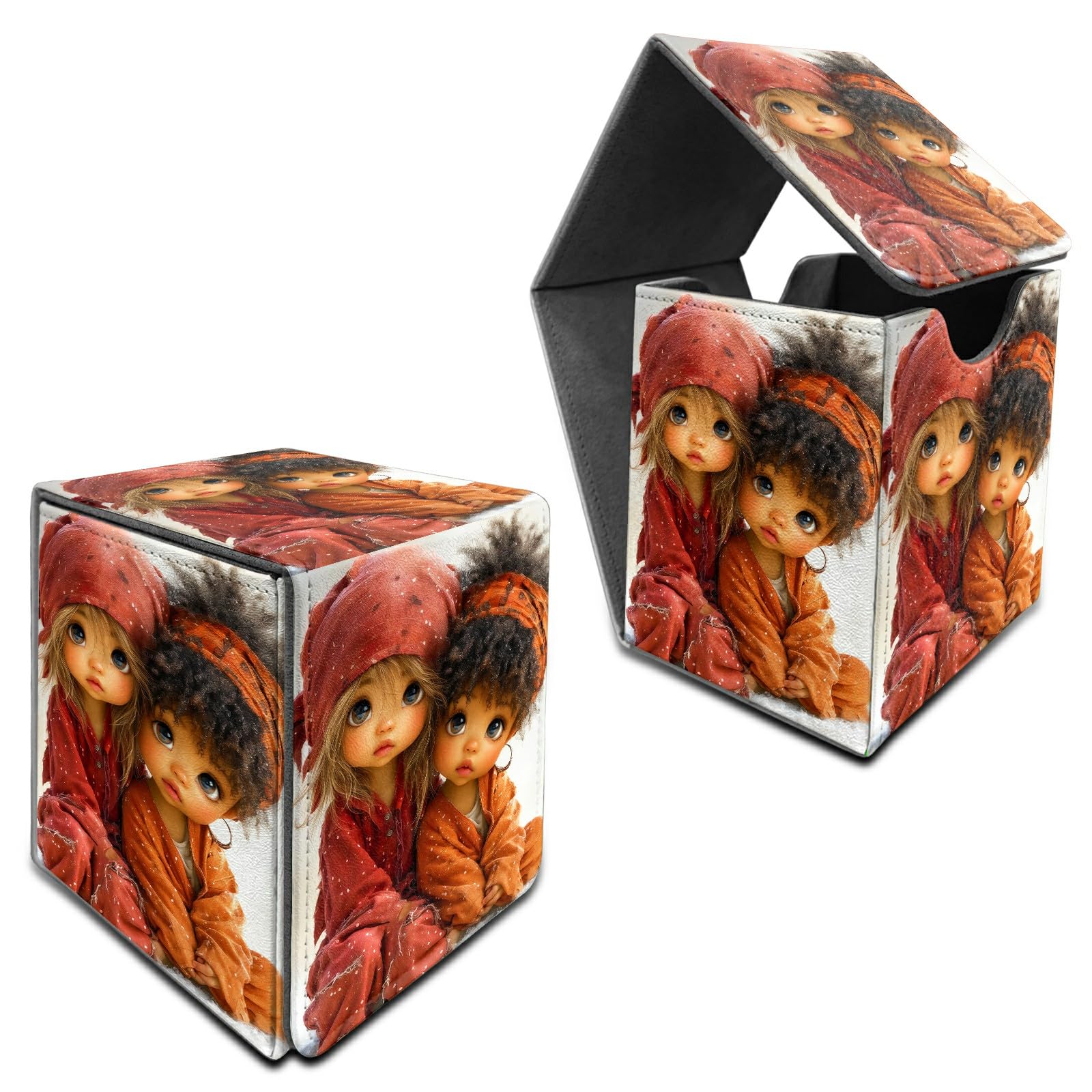 RWUTYTIUL for MTG Commander Deck Box, Storage Box Fits 100+ Sleeved Cards, Leather Strong Magnet Card Deck Case Holder for Board Game Magic MTG TCG CCG Sports Baseball, Two Little Girls — image 1