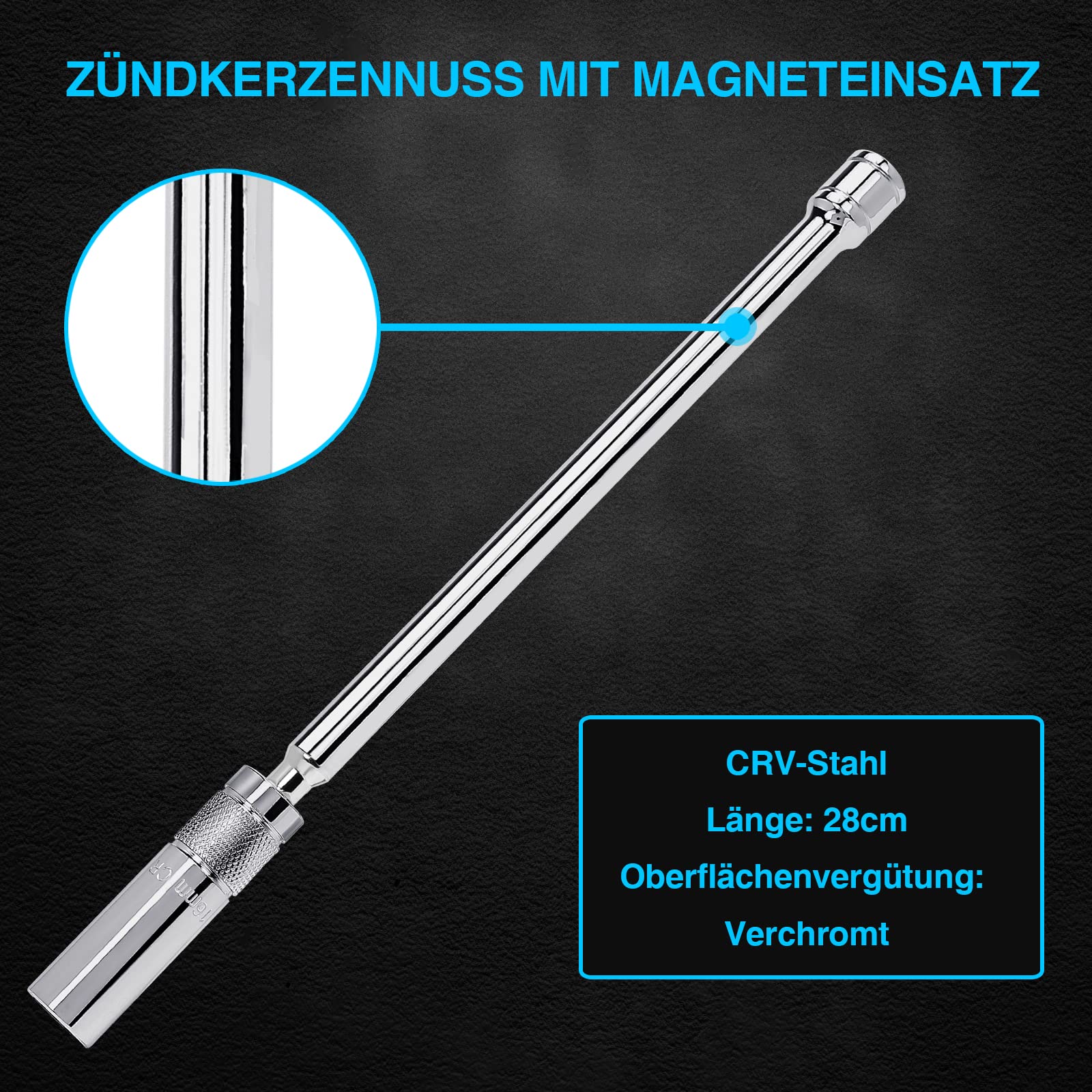 VASTOOLS Nakrętka do świecy zapłonowej z wkładką magnetyczną 16 mm, napęd 10 mm, średnica zewnętrzna: 21 mm, 12-kątna, przedłużka 28 cm, stal CR-V