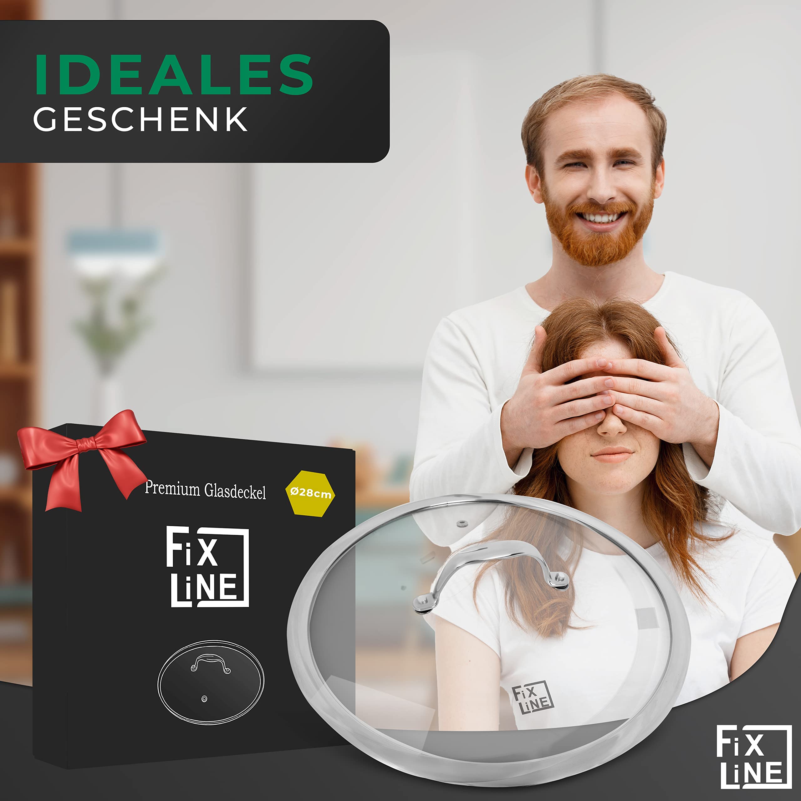 FIXLINE® Coperchio in vetro 28 cm – Coperchio universale in vetro temperato con uscita vapore e bordo in acciaio inox – Coperchio per padella e coperchio adatto per padelle e pentole Ø 28 cm
