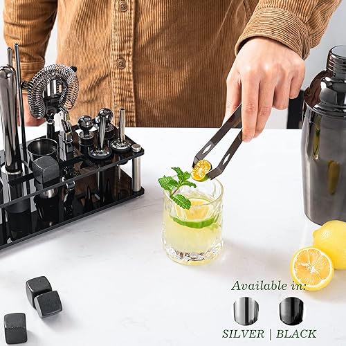 Miniatura 8 de HBlife Juego de coctelera de 22 piezas con soporte accesorios de barra de acero inoxidable que incluyen coctelera de 25 onzas 4 piedras de whisky