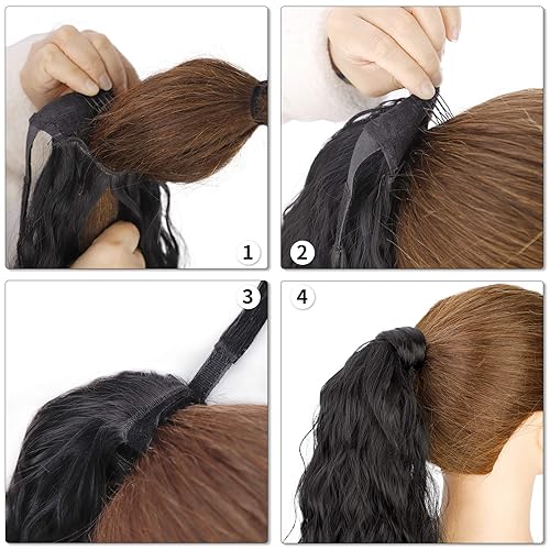 Miniatura 4 de Stamped Glorious Long Corn Wave Ponytail Extension Magic Paste Heat Resistant Wavy Synthetic Wrap Around Ponytail Black Hairpiece for Women (26