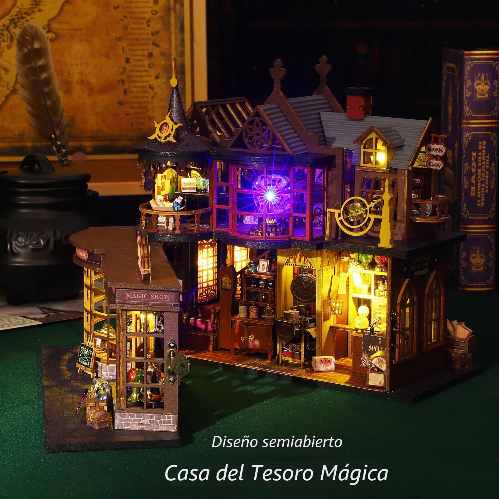 Spilay Casa de muñecas en miniatura, kit de construcción de madera con cubierta a prueba de polvo, caja de música y LED, regalo para adultos (Magic Treasure House)