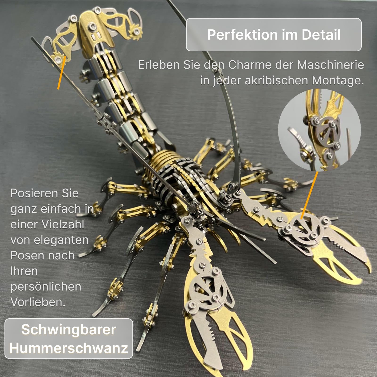 3D Metal Puzzle, 600 Teile Mechanisches Hummer 3D Metall Puzzle Modellbausatz, Edelstahl Mechanische Meereslebewesen Modell, 3D Puzzle Metall DIY Ornament Geschenke für Erwachsene (Gold)