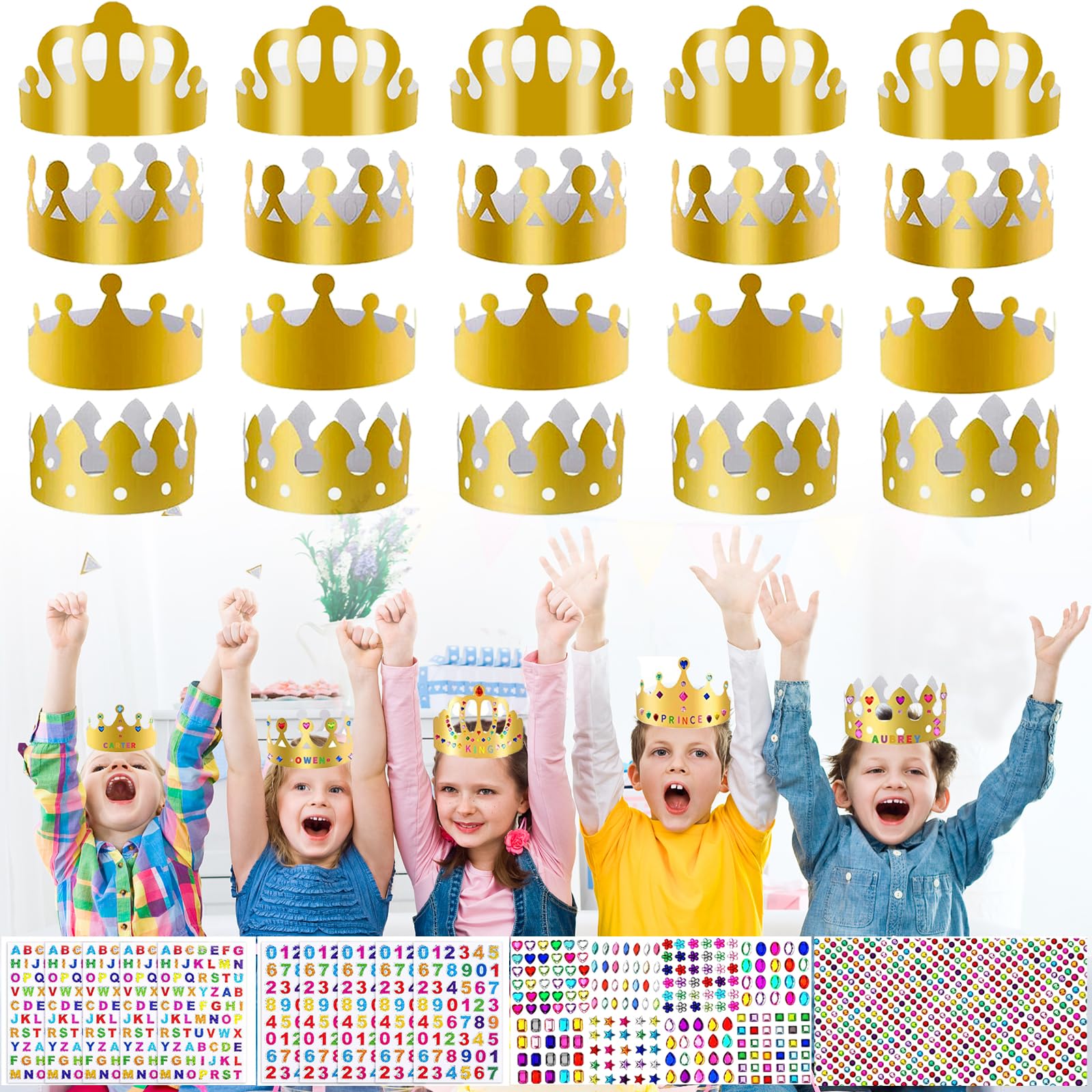 MUFEKUM 20 Pcs Paper Crowns Golden Party Hats, Party Crown with 2441 Pcs Adhesive Rhinestone Alphabet Number Stickers, DIY Princess Prince Crown for Birthday Party and Celebration