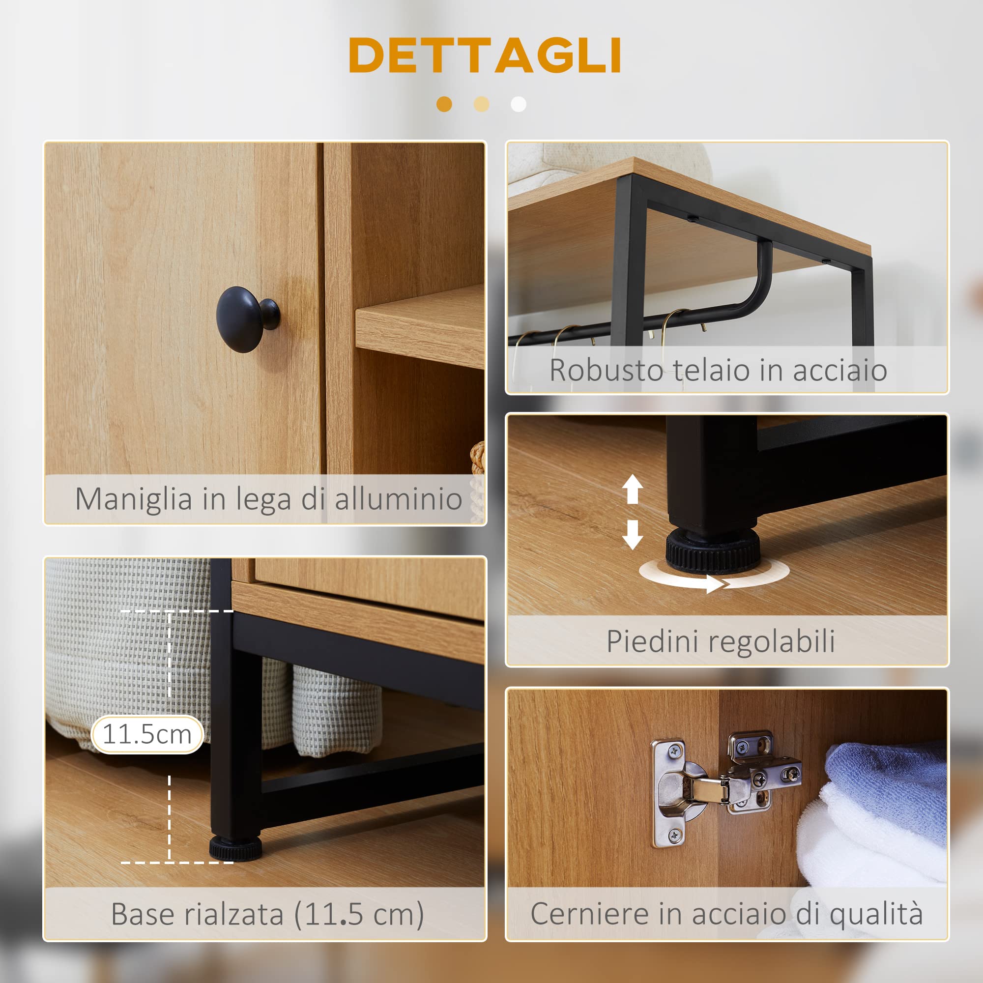 HOMCOM Appendiabiti con Struttura in Acciaio e Legno Stile Industriale, Armadietto con Ripiano Interno e 2 Vani Aperti Laterali, 80x40x180cm, Naturale