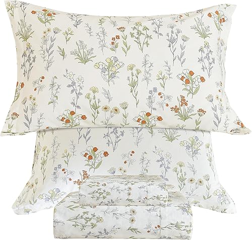 Miniatura 9 de QSH Sábanas 100% algodón tamaño King, diseño floral botánico de lujo de algodón estampado floral, juego de sábanas de tamaño extra suave y