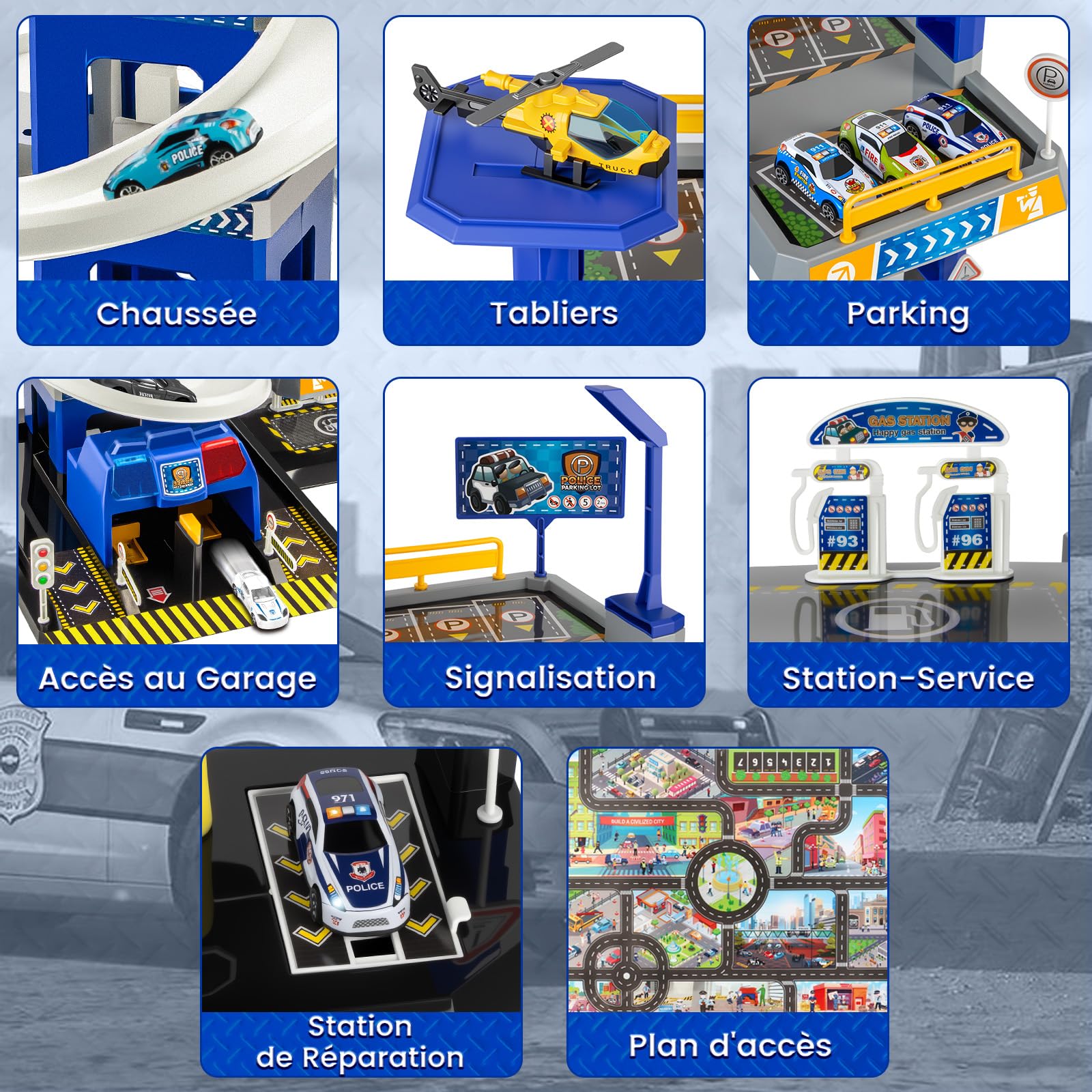 BuzzoXerex 5 Etages Garage pour Enfants, Piste de Course avec 14 Voitures et 2 Hélicoptère, Jouet Garage Voiture avec Ascenseur Electrique Circuit, Cadeaux pour Enfants 5 6 7 8 9 Ans (Police)