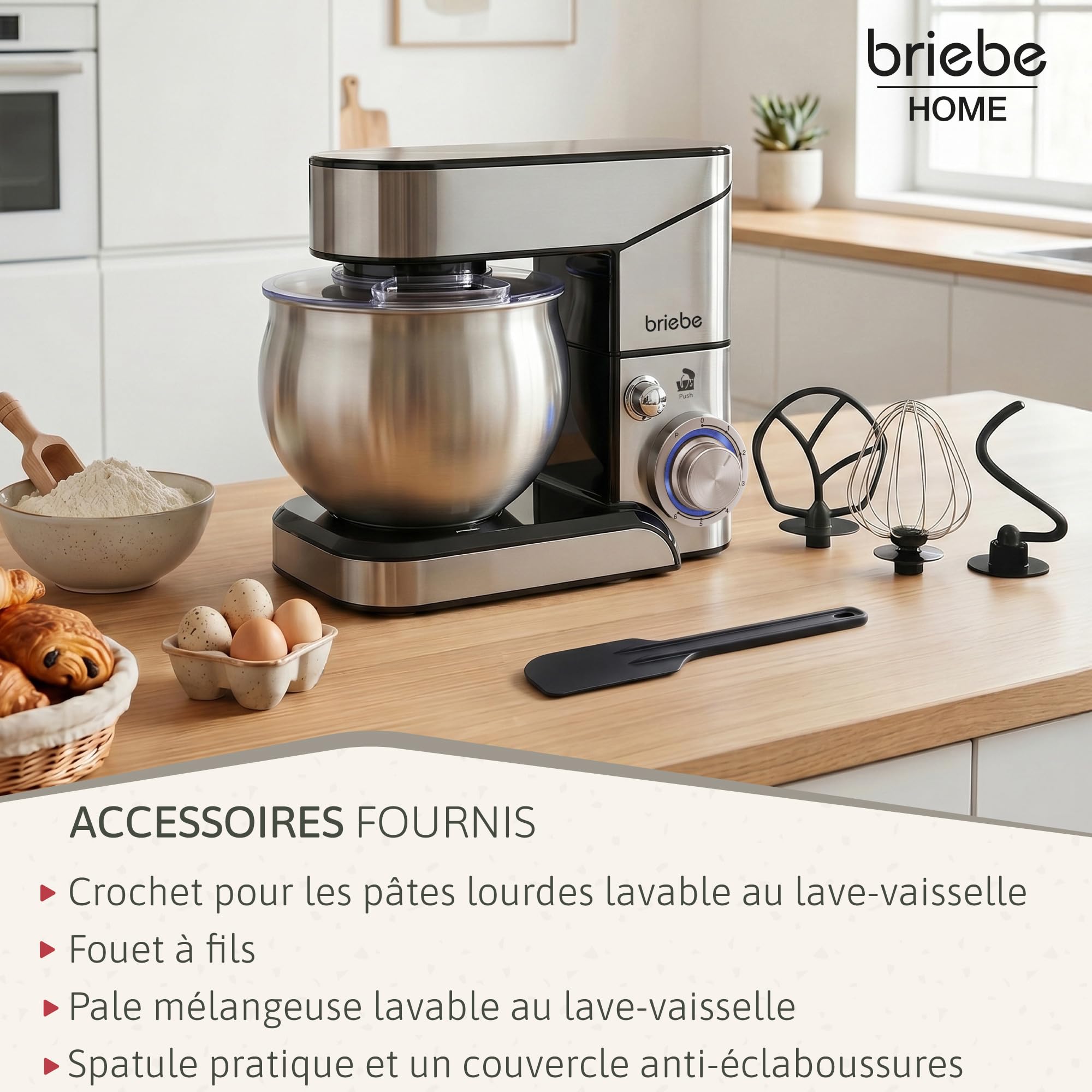 briebe Robot Pâtissier Professionnel, Boulangerie 1800W MAX Cuisine Ménager Multifonction Mouvement Orbital, Fouet, Bol 5 L, 6 Vitesses + Fonction Pulse, Inox KM1114