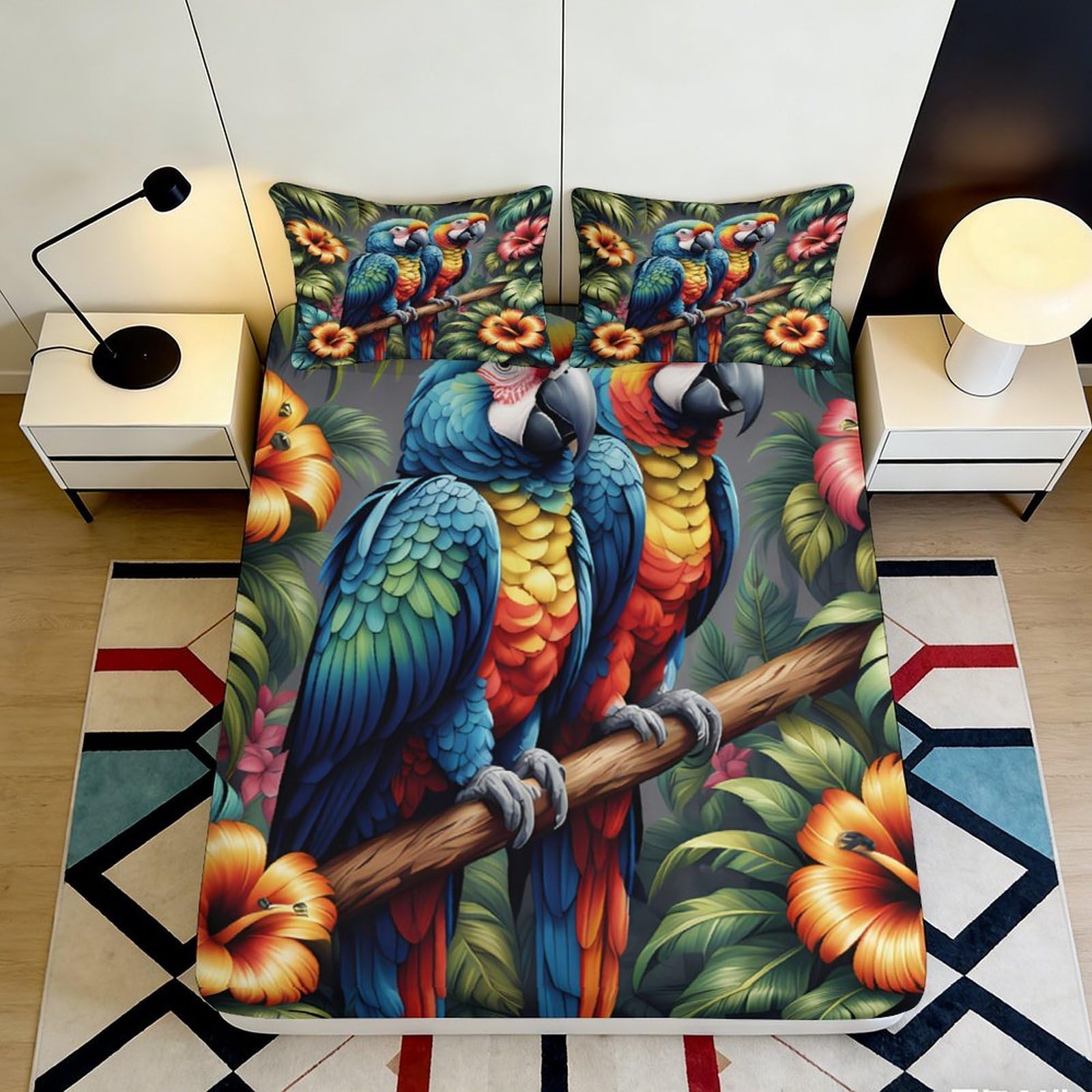 3D Printed Vibrant Parrot Fitted Sheet Microfiber Soft Tropical Flowers Mattress Cover for Bedroom Dorm Decor 90x200x25cm