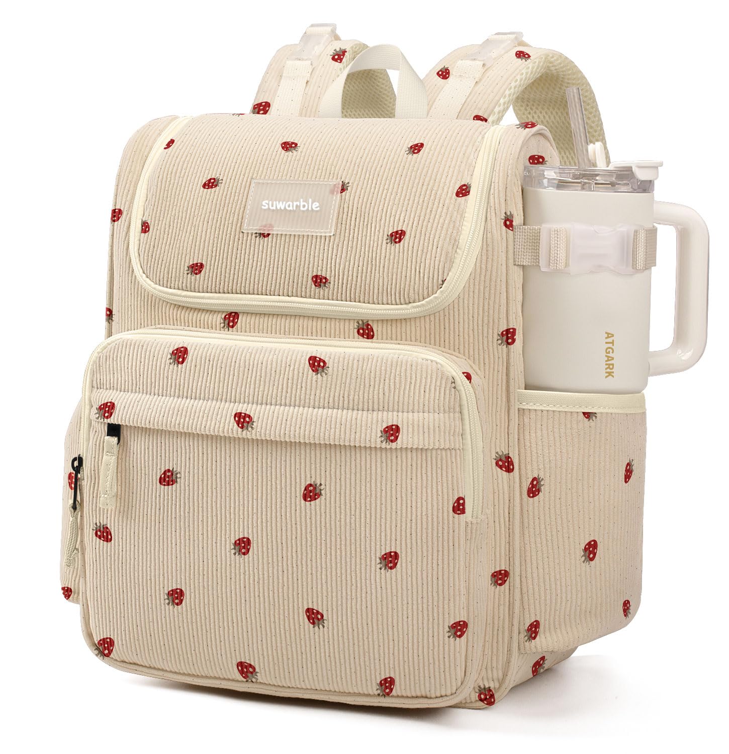 suwarble Large Corduroy Diaper Bag Backpack for Mom, 25L Baby Travel Bag with Insulated Bottle Pockets, 40oz Side Strap & Stroller-Ready Straps