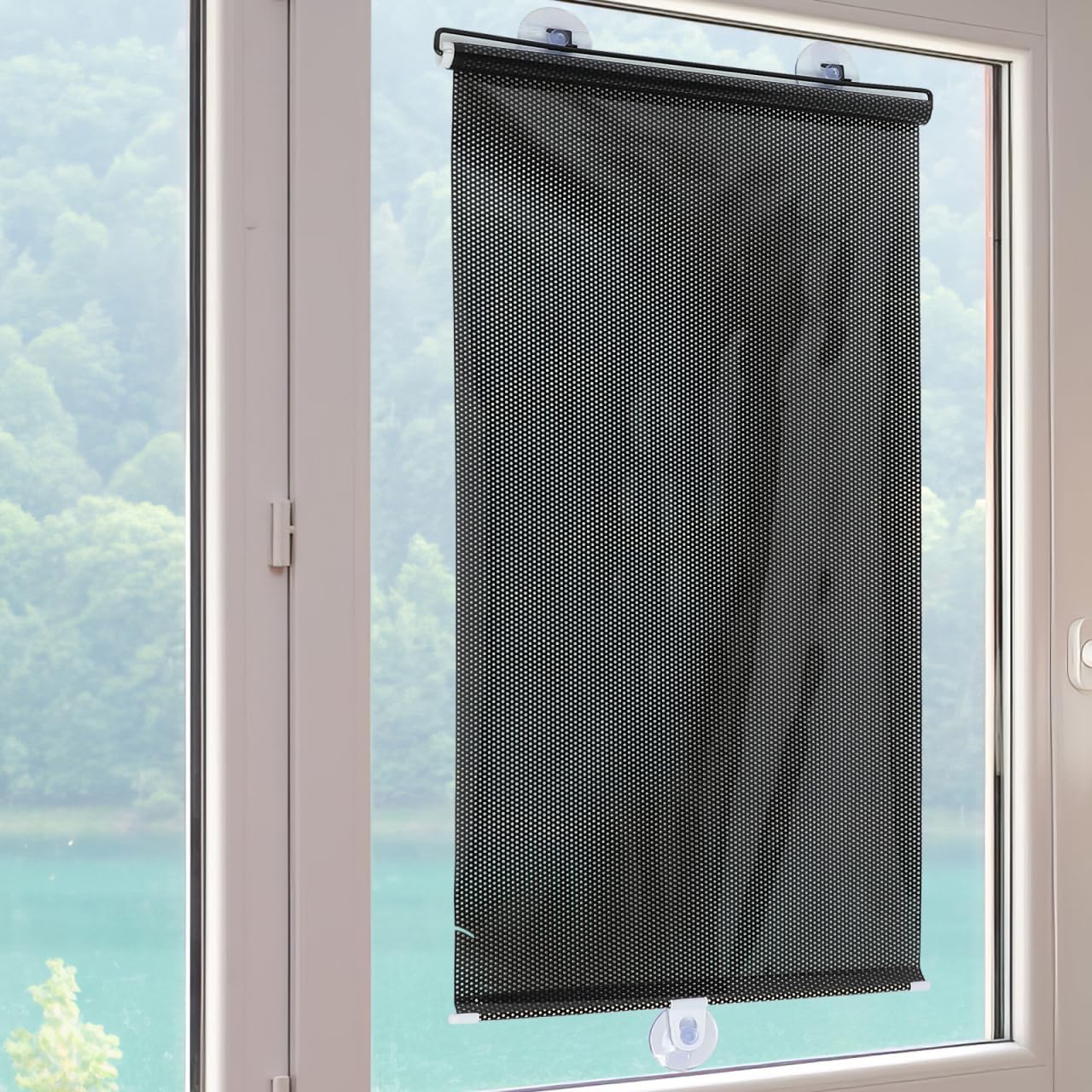 Black Blackout Roller Shades with 3 Suction Cups - 49.2x15.7in No Drilling Retractable Portable Window Blinds - Removable Temporary Blackout Shades for Home Office Bedroom Balcony