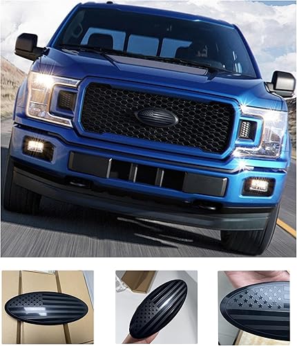 Miniatura 3 de CONGCONG emblema para Ford, 9.5 pulgadas, superpuesto, rejilla delantera, puerta trasera, aluminio, ovalado, bandera negra americana, 2 piezas