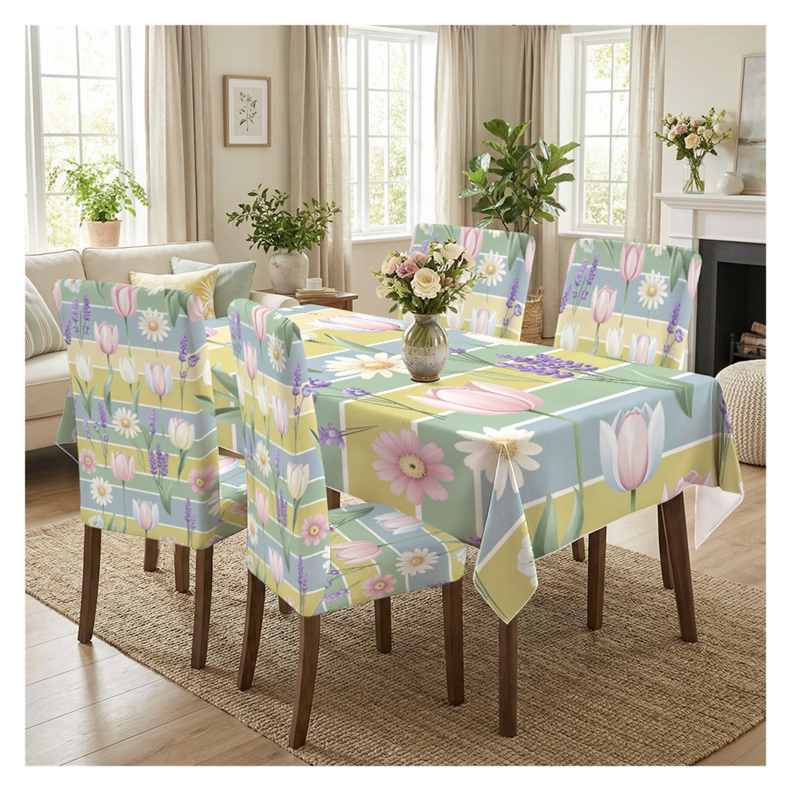 KXUAUV Pastel Tulip Daisy Print Stretch Dining Chair Covers Tablecloth Set, For Kitchen Dining Living Room Farmhouse Decor, 5/7 Pack Party Decor(5pcs Set: Tablecloth+Chair Covers)