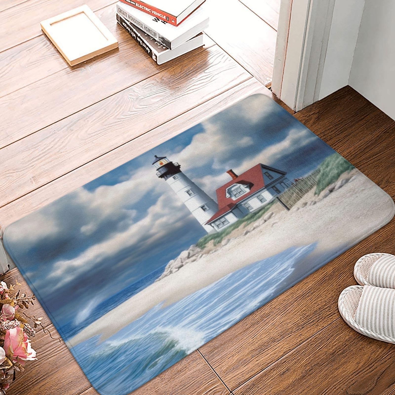 Beach Lighthouse Entrance Welcome Door Mat, Soft Kitchen Rugs Indoor Floor Doormat Watercolor Sky Cloud Washable Home Carpet Decor 23.6x15.7 in