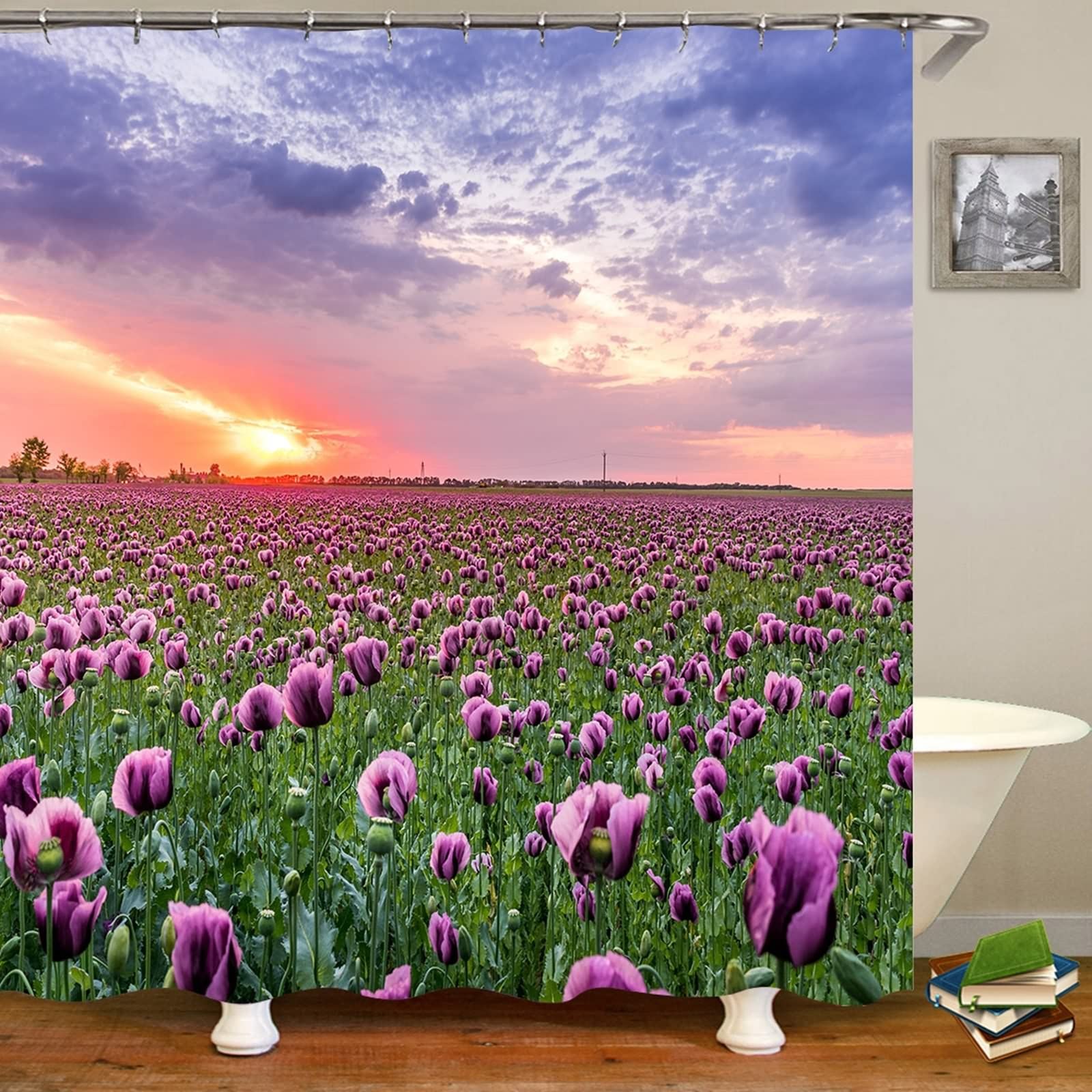 Gualiy Cortina de ducha resistente al moho, flores y amanecer cortinas de ducha multicolor para bañera de 180 x 200 cm
