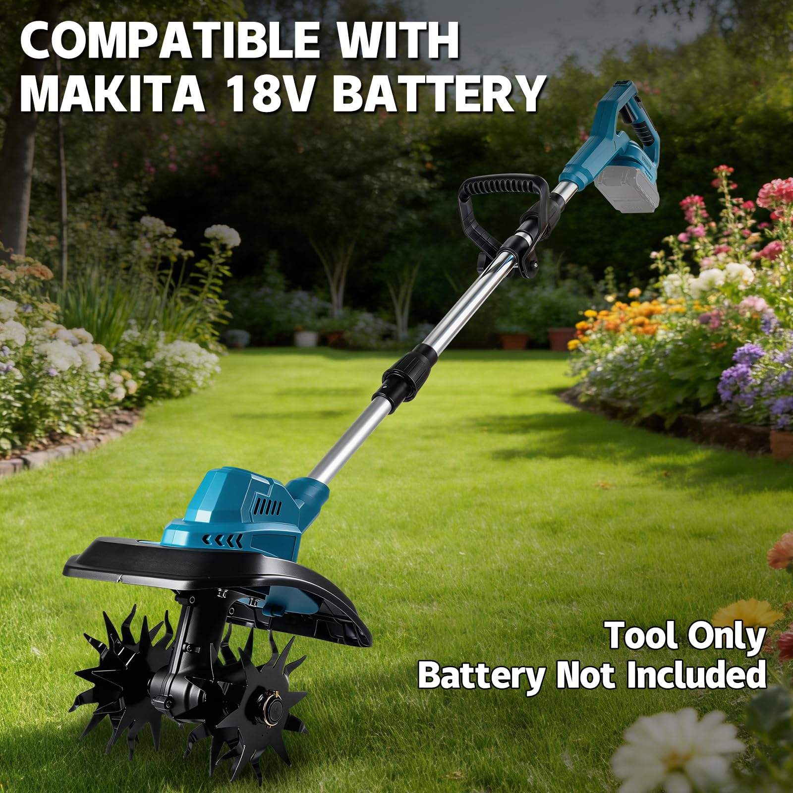 Akku Bodenhacke Motorhacke für Makita 18V (ohne Akku), 500W Bürstenloser Motor, 22cm Arbeitsbreite & 17cm Tiefe, 48 Robuste Stahlzinken, Leichte Elektro-Gartenfräse für Beete Hochbeete Gemüsegarten