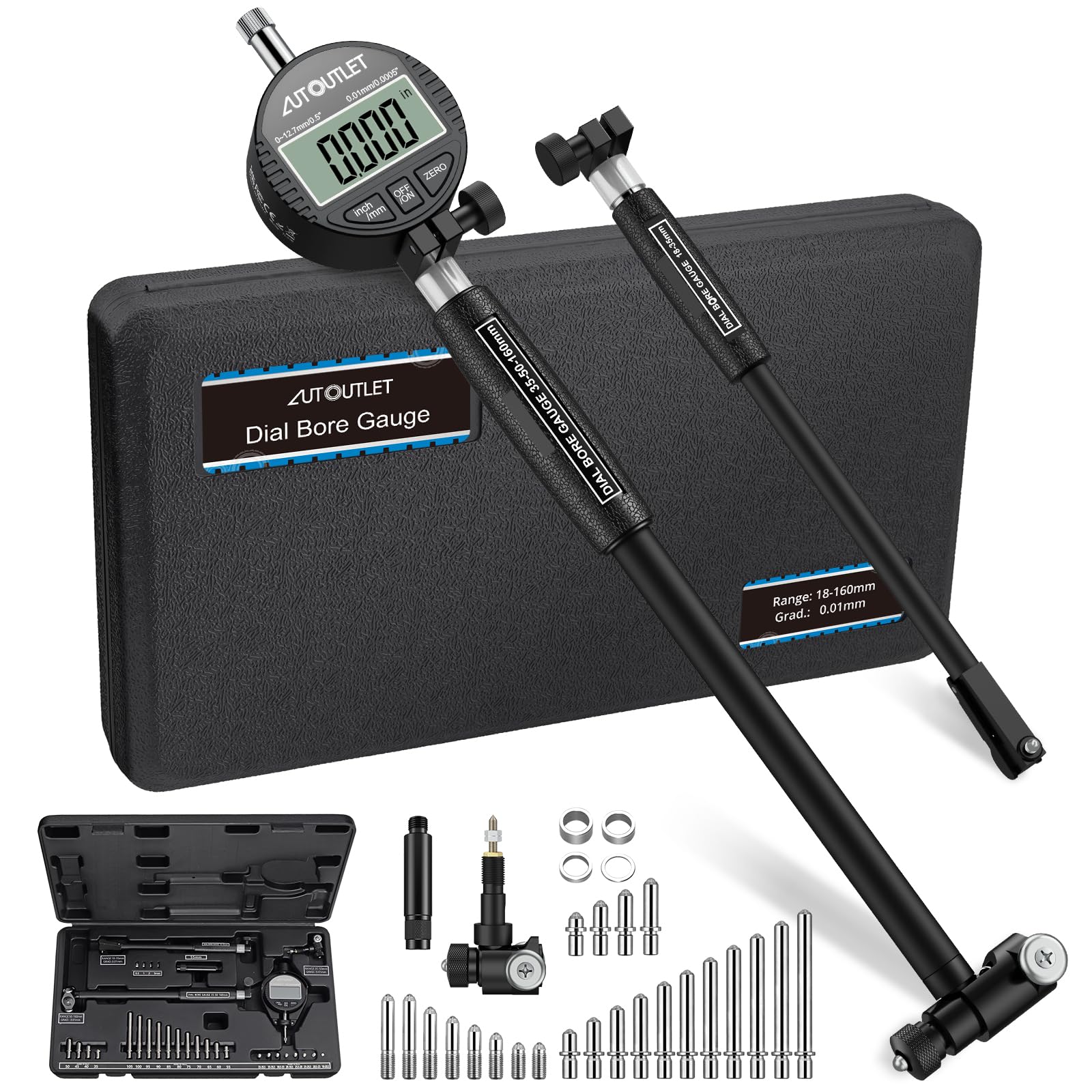 AUTOUTLET Digitales Bohrungsmessgerät Set 18–160mm, mit 23 Sonden & ABS-Box | 0,01mm Genauigkeit, MM/Zoll Anzeige, Robustes Aluminiumlegierung Innenmessgerät bis 150mm Tiefe, Zur Formabweichungsprüfung