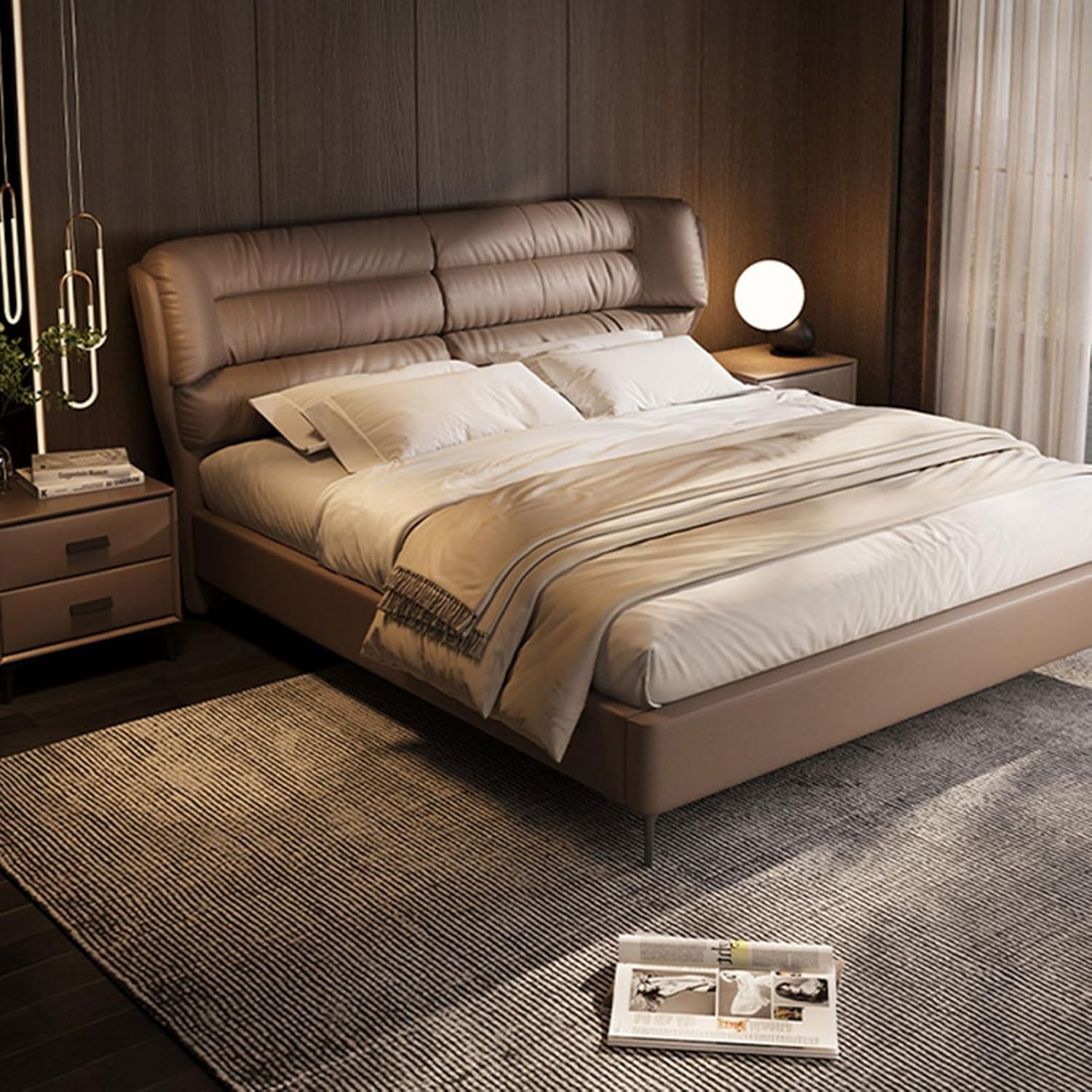 Modern Brown Leather Queen Size Platform Bed Ergonomic Upholstered Headboard Wooden Slats Support Noise-Free