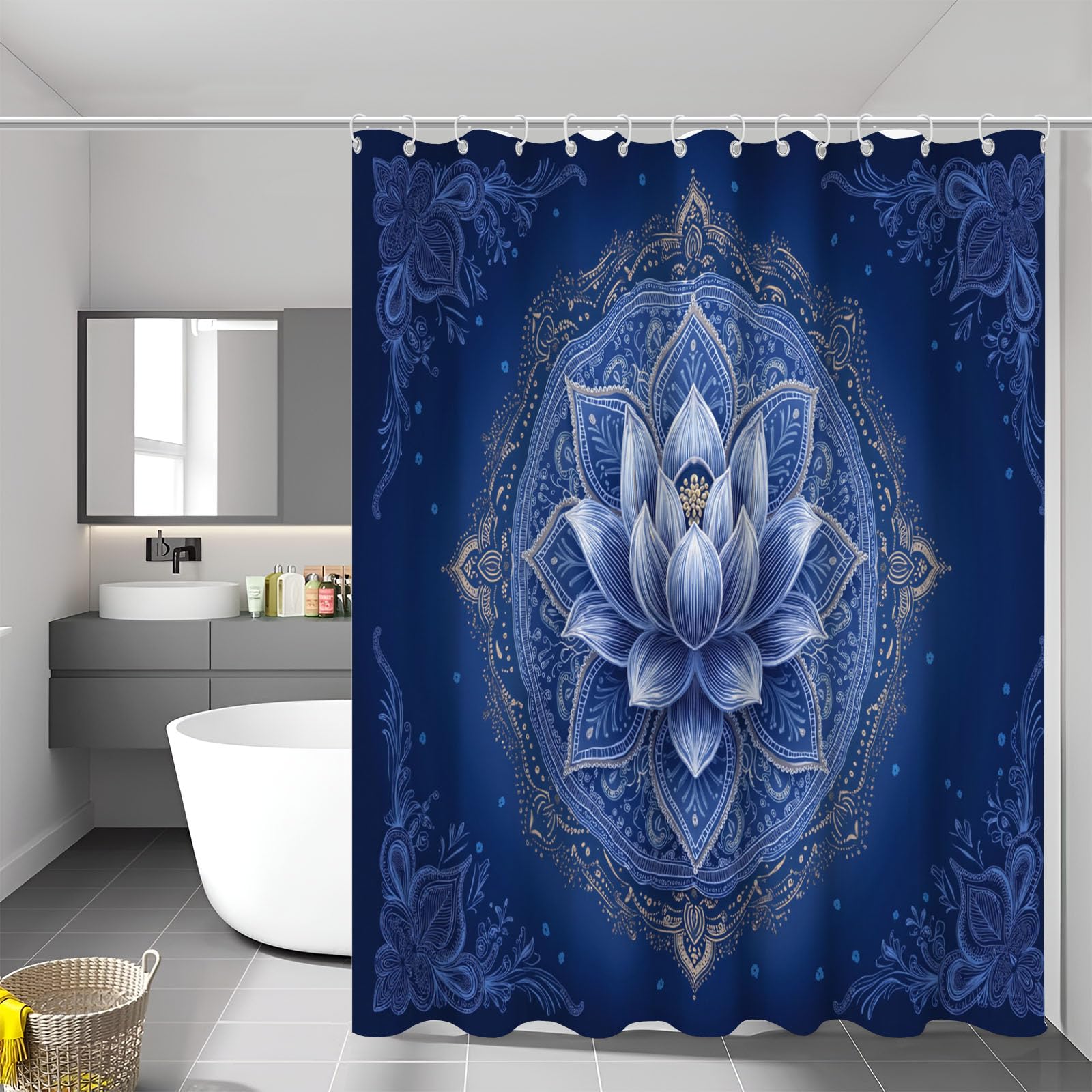 Rideau de baignoire lotus bleu marine au design esthétique raffiné