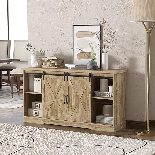Miniatura 4 de LOKO Soporte de TV de granja para televisores de hasta 65 pulgadas, moderno centro de entretenimiento con puerta corredera, mesa consola multimedia