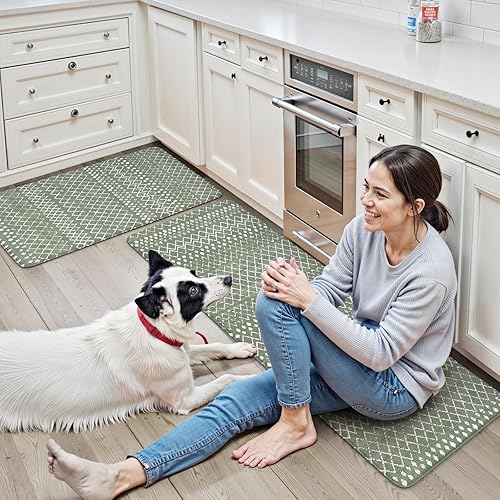 Vista 527 de KIMODE - Juego de 2 tapetes de cocina bohemios, antifatiga, antideslizantes, impermeables, ergonómicos, acolchados, cómodos, para lavandería, Caqui