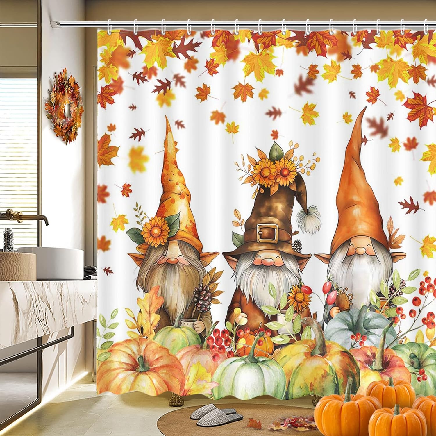 MEHOFOND Fall Teal Watercolor Pumpkin Shower Curtain Rustic Bath Curtain