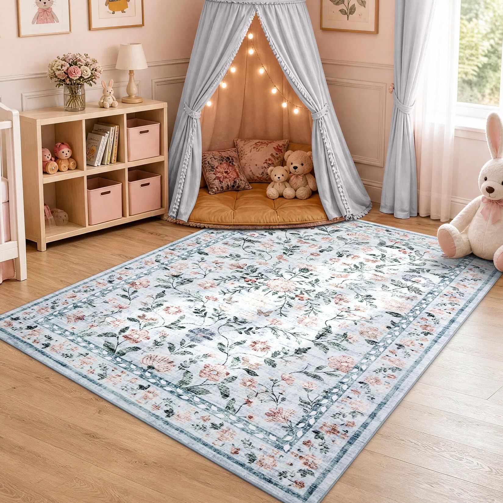 CAROMIO Washable Flower Area Rug 80x150 cm Low Pile Nursery Light Blue