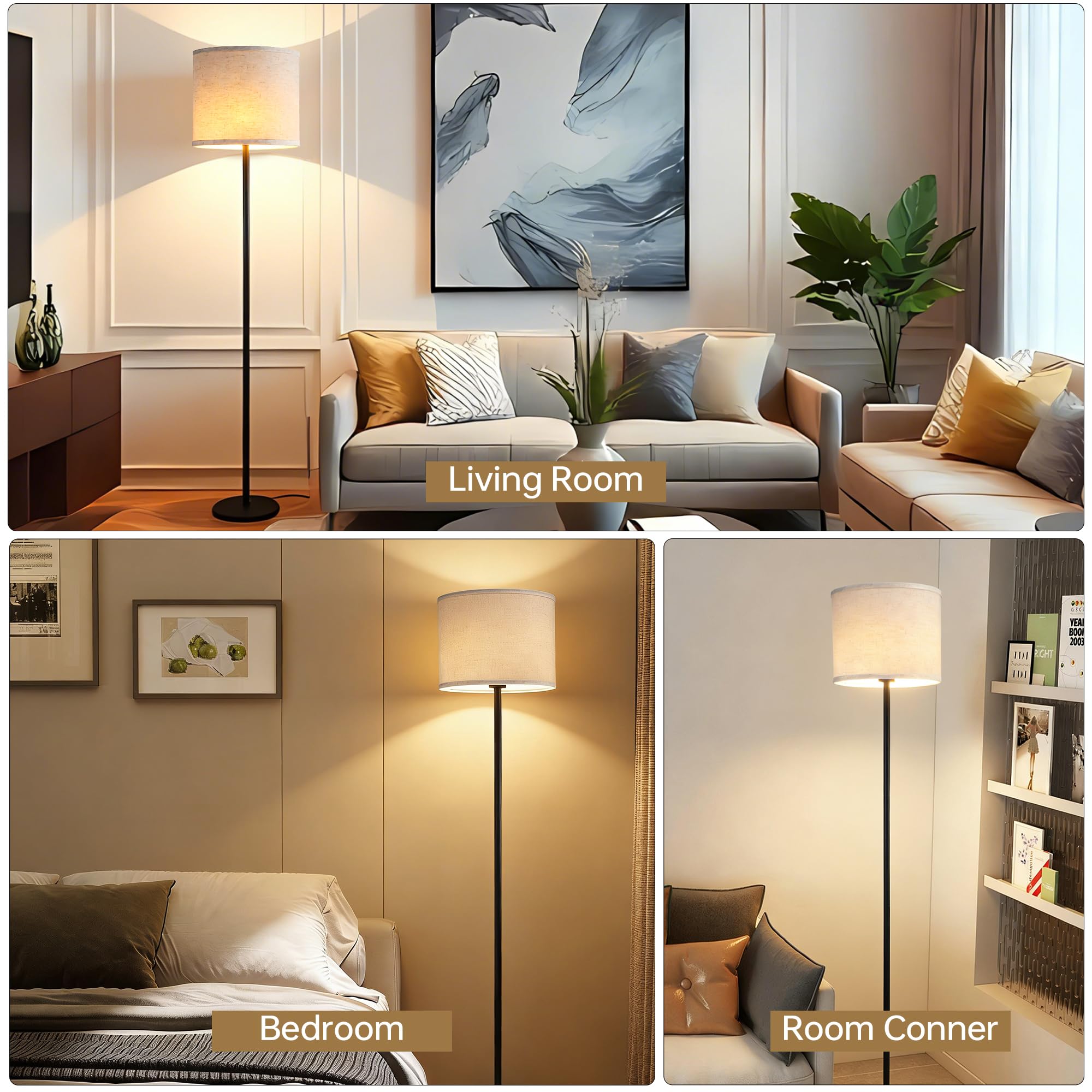 Lamparas de Pie Salon Modernas, Candeeiro de pé con Pantalla de Lino Beige, Pantalla de Tela, Casquillo E27, 160cm Lámpara Negra para Dormitorio, Salón, Oficina