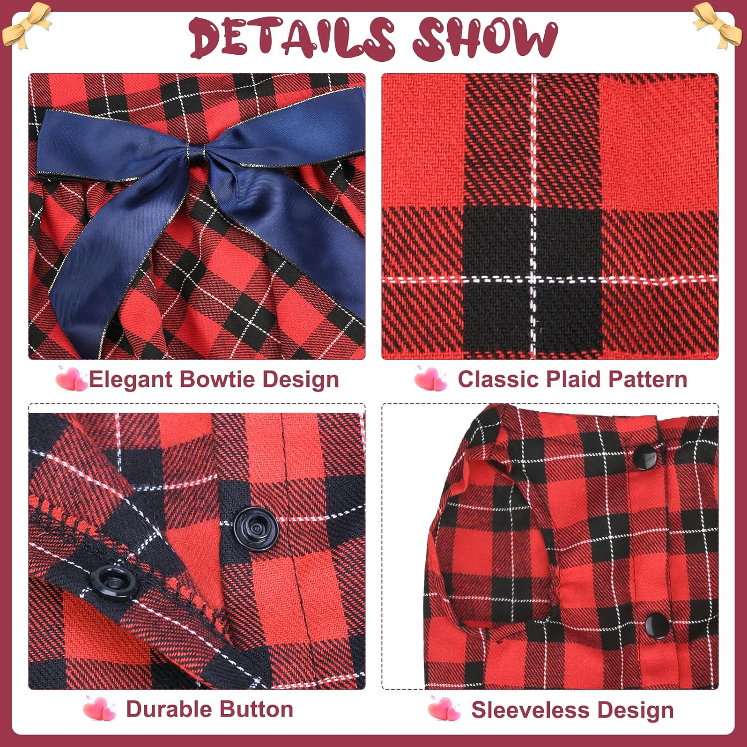 2 Pack Elegant Bowtie Plaid Dog Dress Cute Holiday Checked Doggie Clothes Puppy Vest Dress Pet Cat Apparel for Girl Small Medium Dogs(Orange Red M) : Pet Supplies