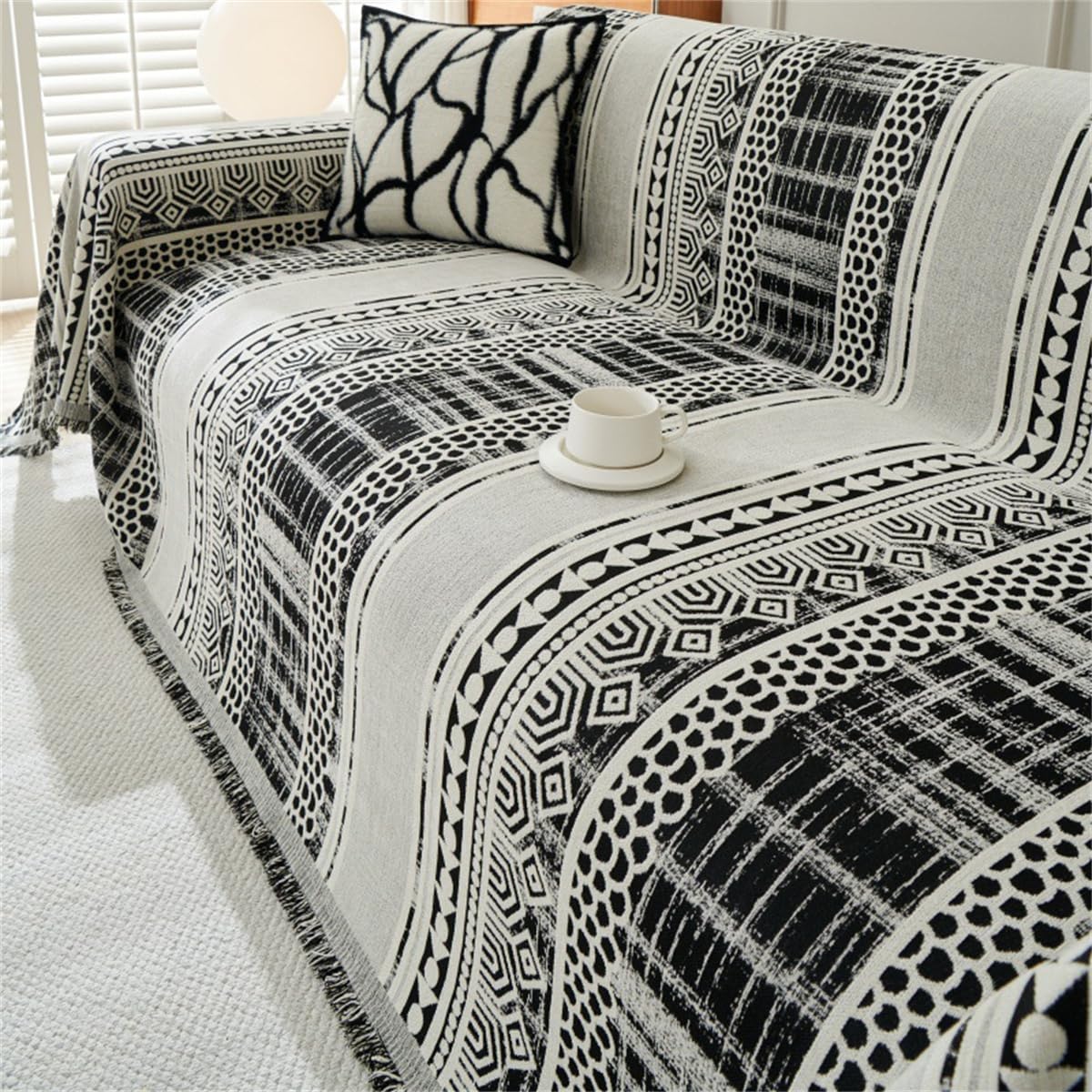 Manta Sofa Grandes para Cama Plaid Sofa 1 2 3 4 Plazas Vintage Boho Print Colcha Sofa con Borlas Plaid Cama Reversibles para Sofá Asiento Cama Doble (Negro,180x150cm)