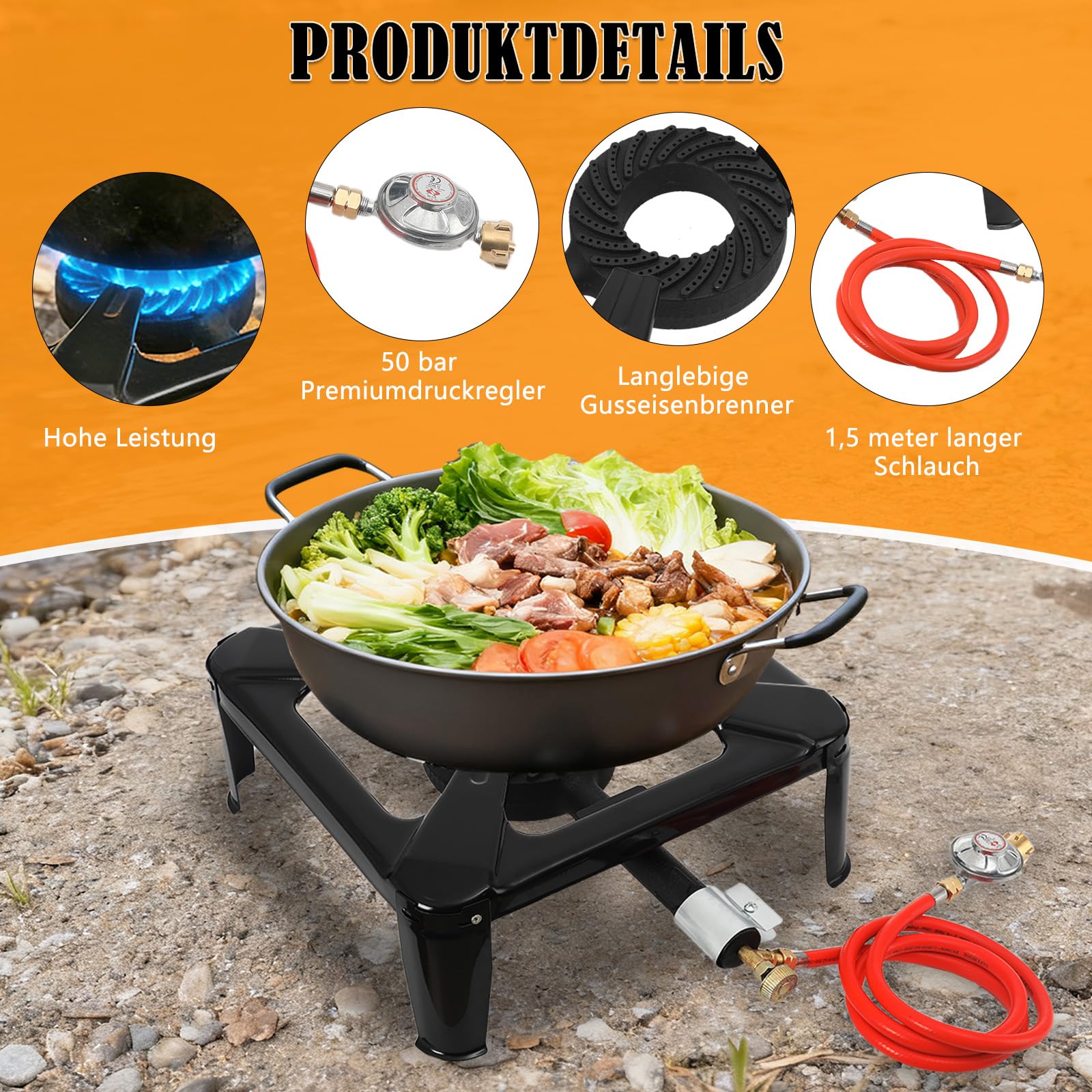 Réchaud à gaz 10 kW - 40 x 40 x 15 cm - 1 feu - Avec tuyau de 1,5 m et régulateur de pression de 50 mbar - Réchaud à gaz à 4 pieds - Pour camping et randonnée