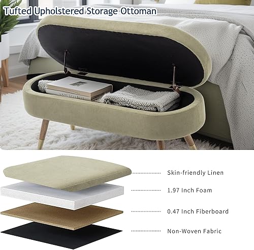 Miniatura 33 de IAFIKE Banco de almacenamiento ovalado de 43.5 pulgadas, banco otomano tapizado de tela boucle con patas de metal dorado, extremo de cama para