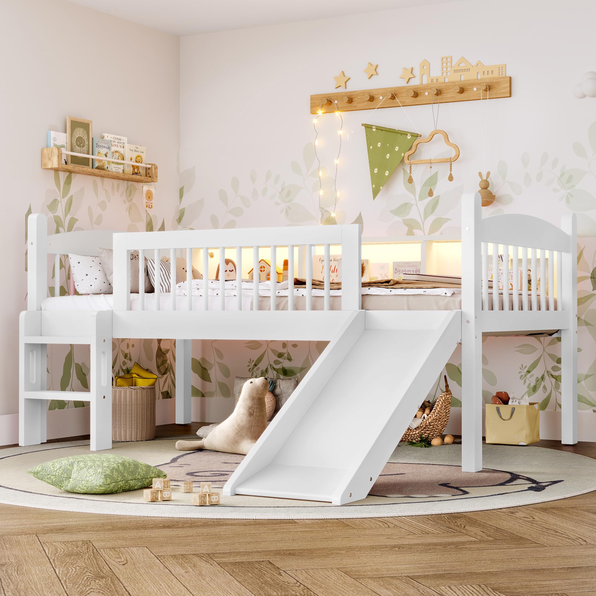 Twin XL Loft Bed with Storage Shelves, Solid Wood Lower Loft Bed with LED Lights and Full-Length Guardrails, No Box Spring Needed (Light White/T9)