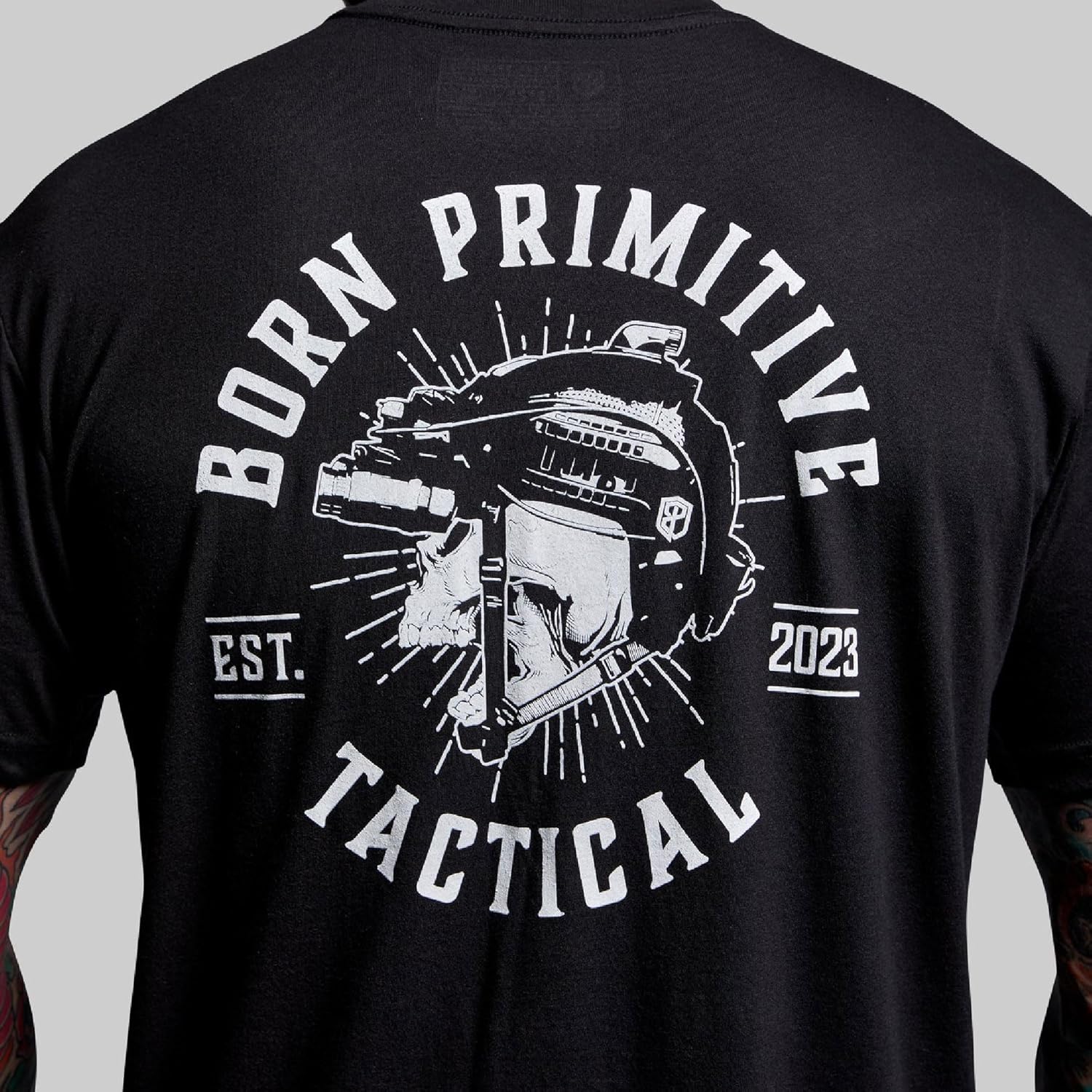 Born Primitive Unisex Tactical Skull Tee - Lightweight Athletic Fit Short Sleeve Crew Neck T-Shirt with American Flag Sleeve